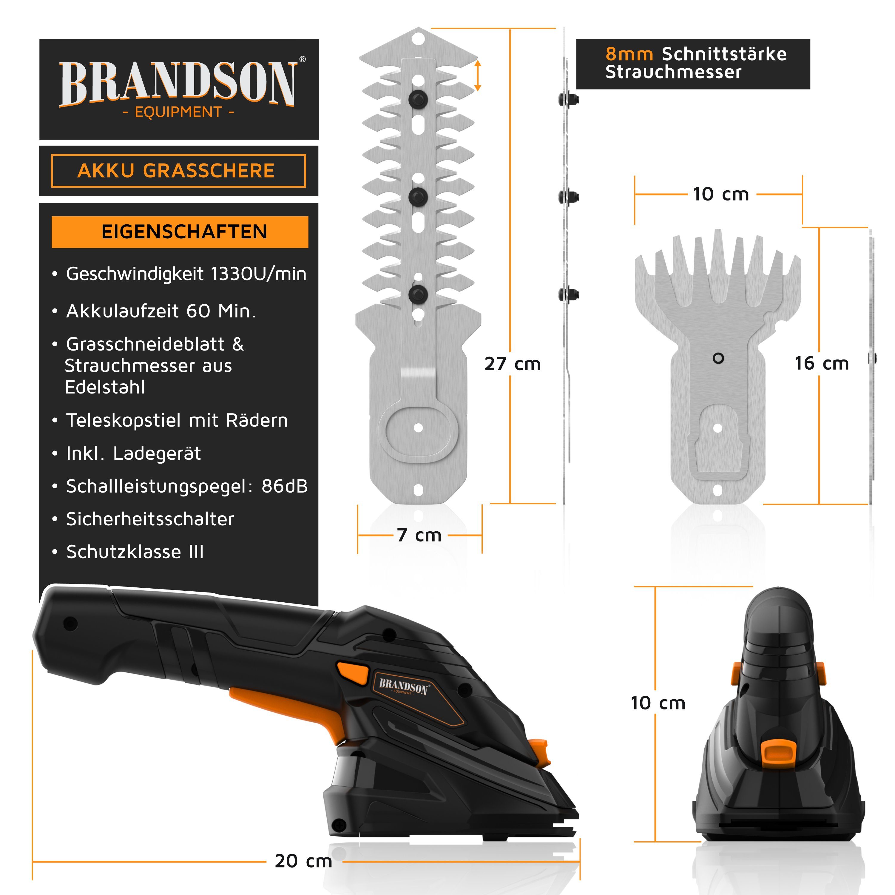 Brandson Akku-Grasschere Rasenschere, elektrische Garten Strauchschere, Teleskopstange 90-130cm, bis 1.3 m Arbeitshöhe, (Set, mit Akku und Ladegerät), mit Rädern, Ladegerät, 2000 mAh, 1 x Grasmesser & 1 x Strauchmesser