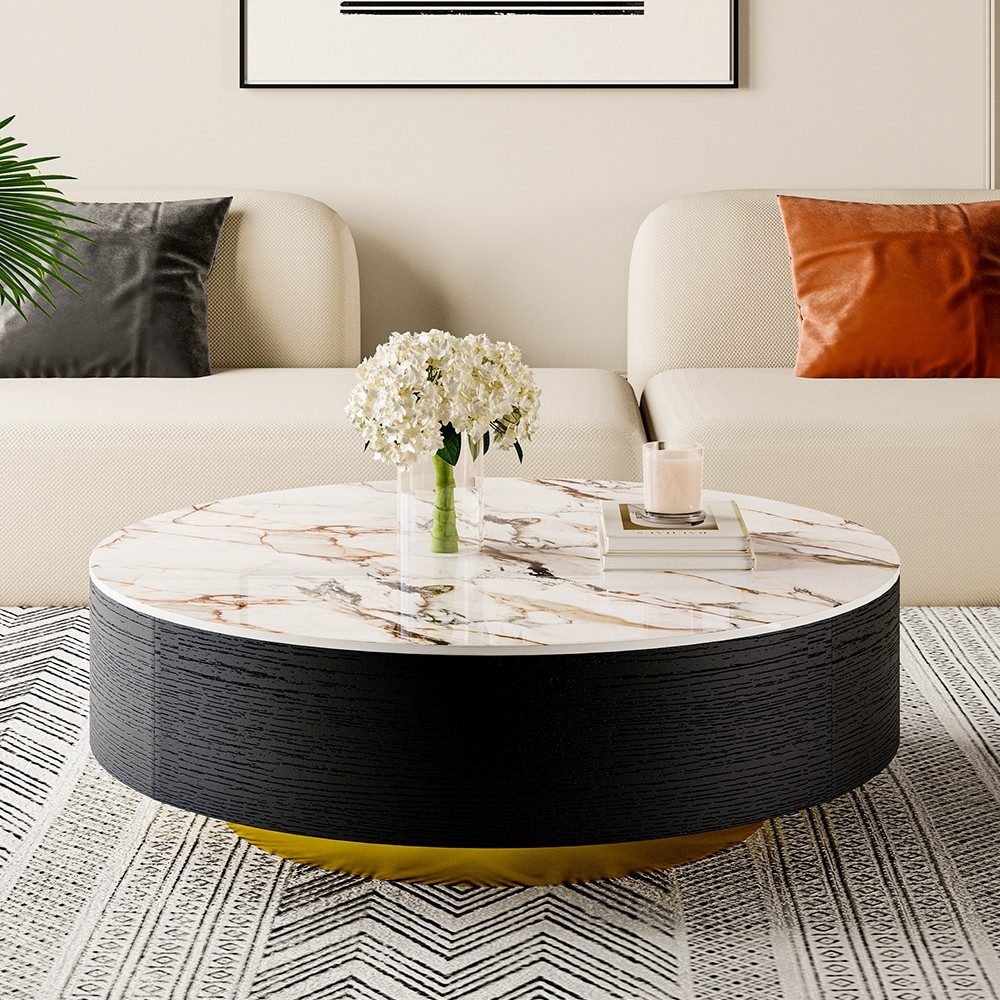 POVISON Couchtisch runde Trommelform aus kratzfestem Sinterstein, Ø 90/100 cm (1-St), moderner Wohnzimmertisch mit Schubladen und goldener Metallunterlage