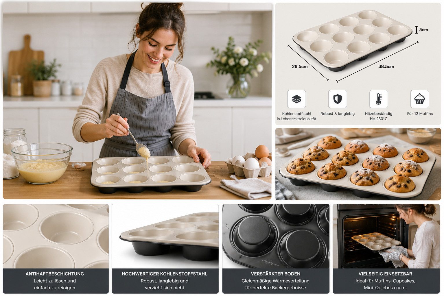 Zenker Muffinform Zenker 12er-Muffinform 38,5cm je Ø 7 cm CREME NOIR, Muffinbackform