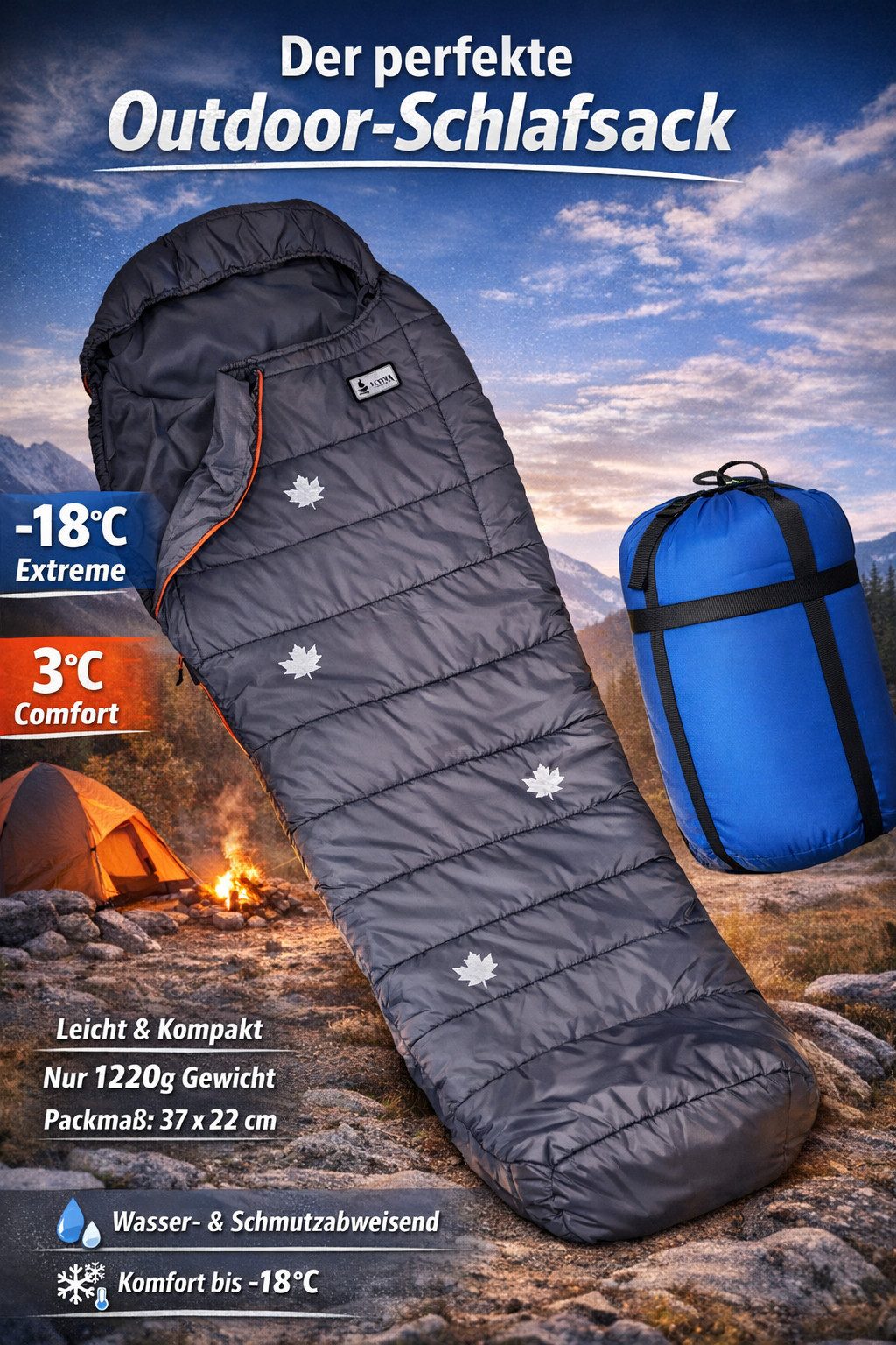 everest 1953 Mumienschlafsack Maple Leaf 3°C bis -18°C 3-4 Seasons 215 cm x 78 cm x 54 cm 1,2 KG, 2 Wege Reißverschluß