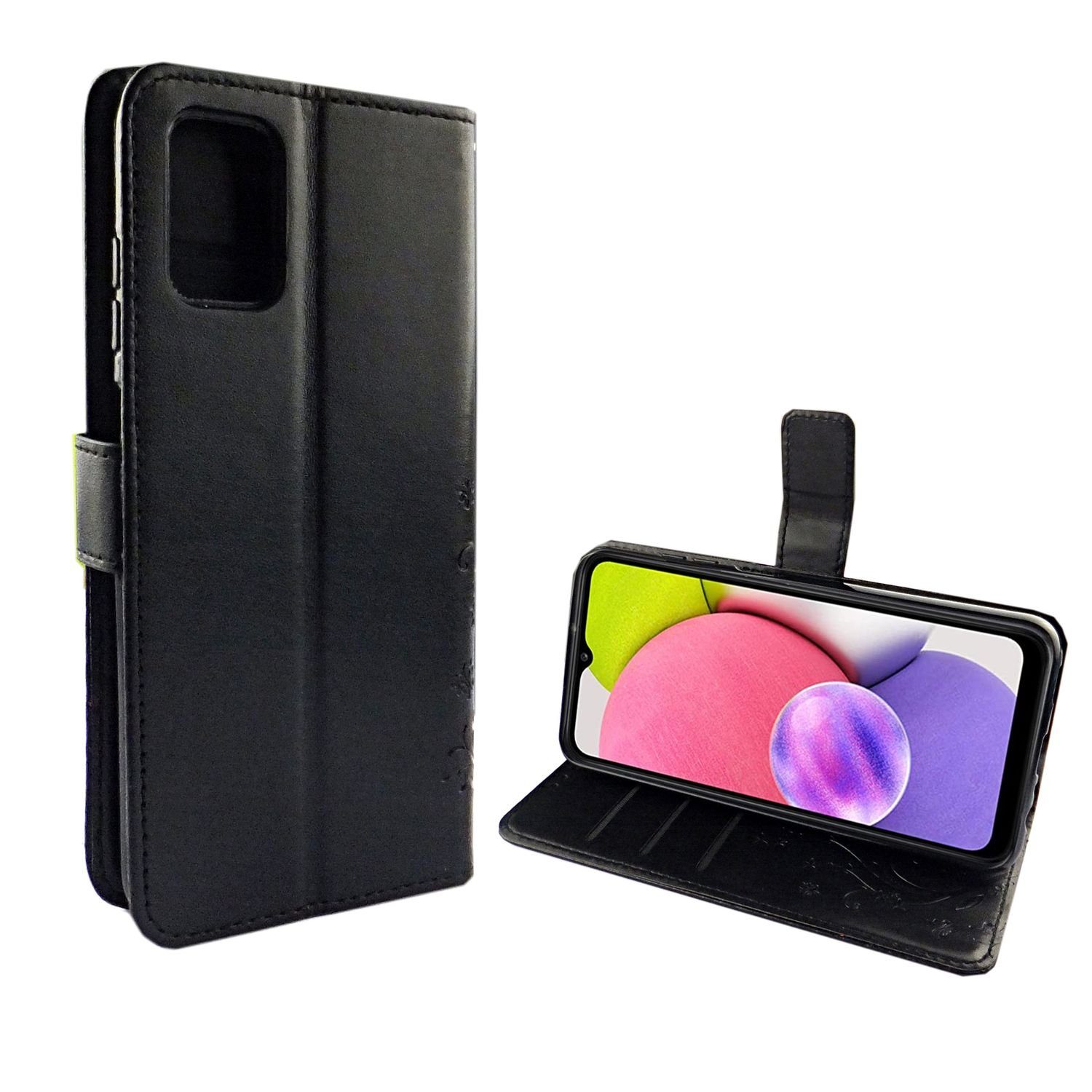 König Design Handyhülle Samsung Galaxy A02s, Schutzhülle für Samsung Galaxy A02s Tasche Handy Hülle Schutz-Cover Flip-Case mit Kartenfach Schwarz Schwarz