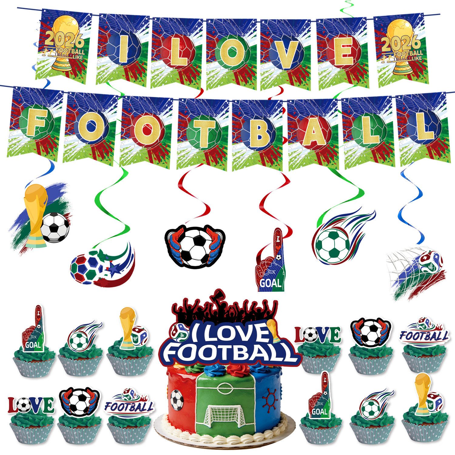 CLTYQ Dekohänger 2026 Weltfußball-Party-Dekorationen, 46-teiliges Party-Set (46 St), mit Hintergrundbanner, Tortendekoration