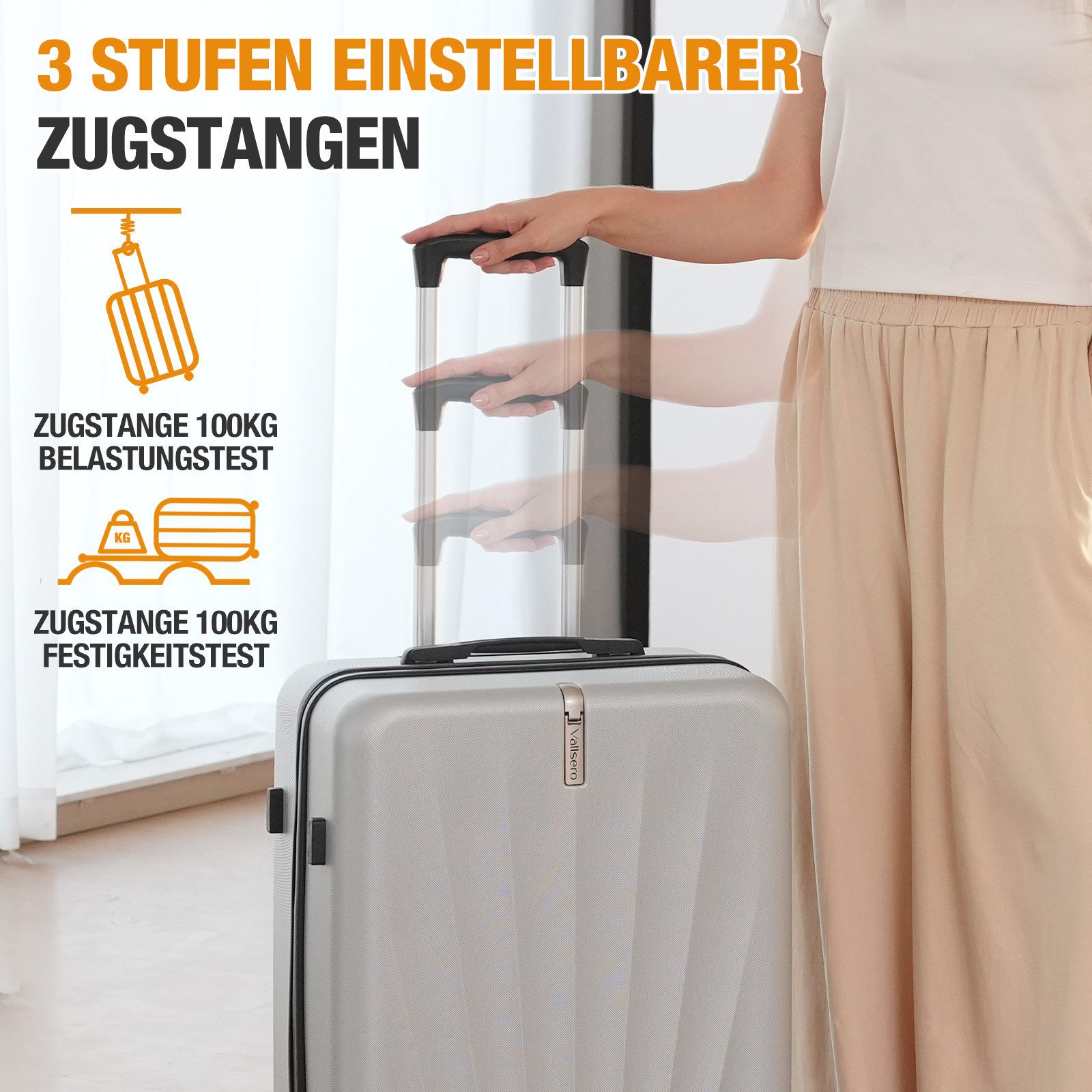VALLSERO Trolleyset M-L-XL-Set, Gepäck mit Kosmetiktasche, Hartschalen-Koffer, 5-teiliges Set, hochfestes ABS-Gehäuse, 360° geräuschloses Rad