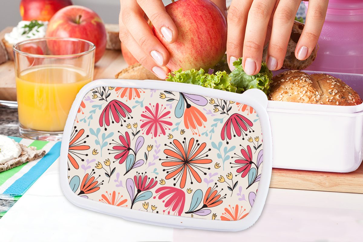 Lunchbox Kunststoff, Erwachsene, weiß Brotbox Blumen - Mädchen für - und Design, für und MuchoWow (2-tlg), Brotdose, Jungs Kinder Regenbogen