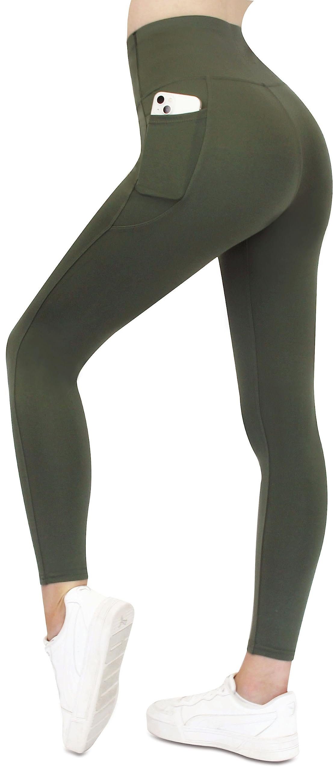 Frentree Leggings mit Taschen für Damen, Lange Sporthose, (High Waist, Yogaleggings in vielen Farben) Laufhose mit hohem Komfort Khakigrün