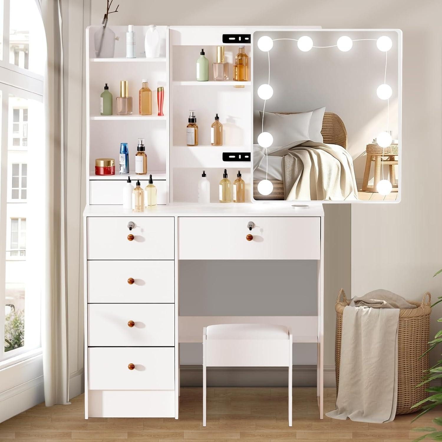 Schminktisch Schminktisch LED-Beleuchtung Spiegel Make-up Kosmetiktisch MDF