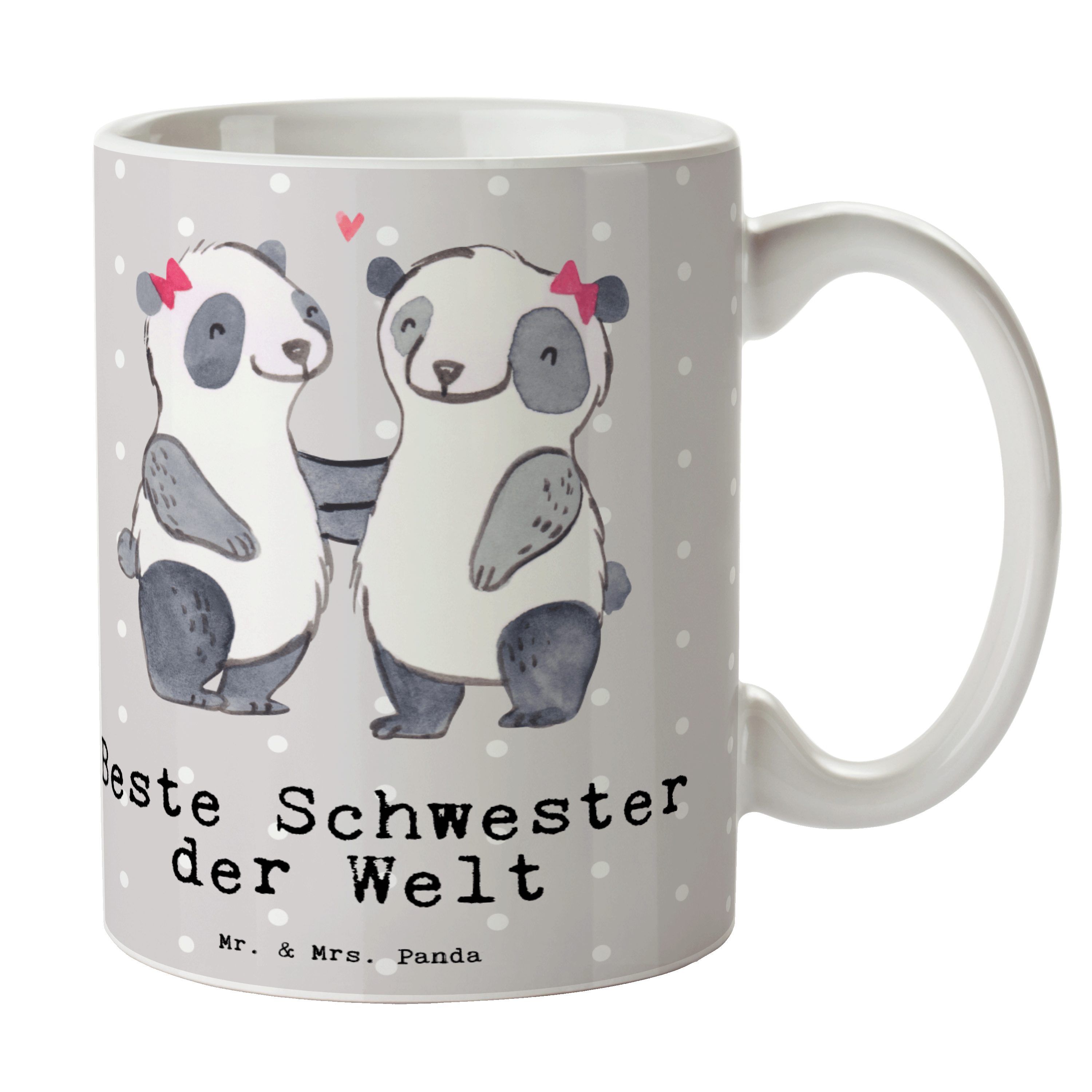 Mr. & Mrs. Panda Tasse Panda Beste Schwester der Welt - Grau Pastell - Geschenk, Geburtstags, Keramik
