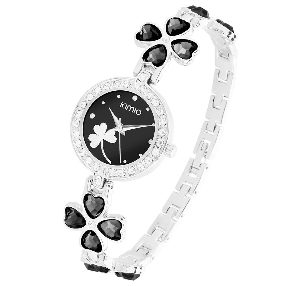 Quarzuhr Damen Armbanduhr mit Kristallen und Glücksbringer Kleeblatt