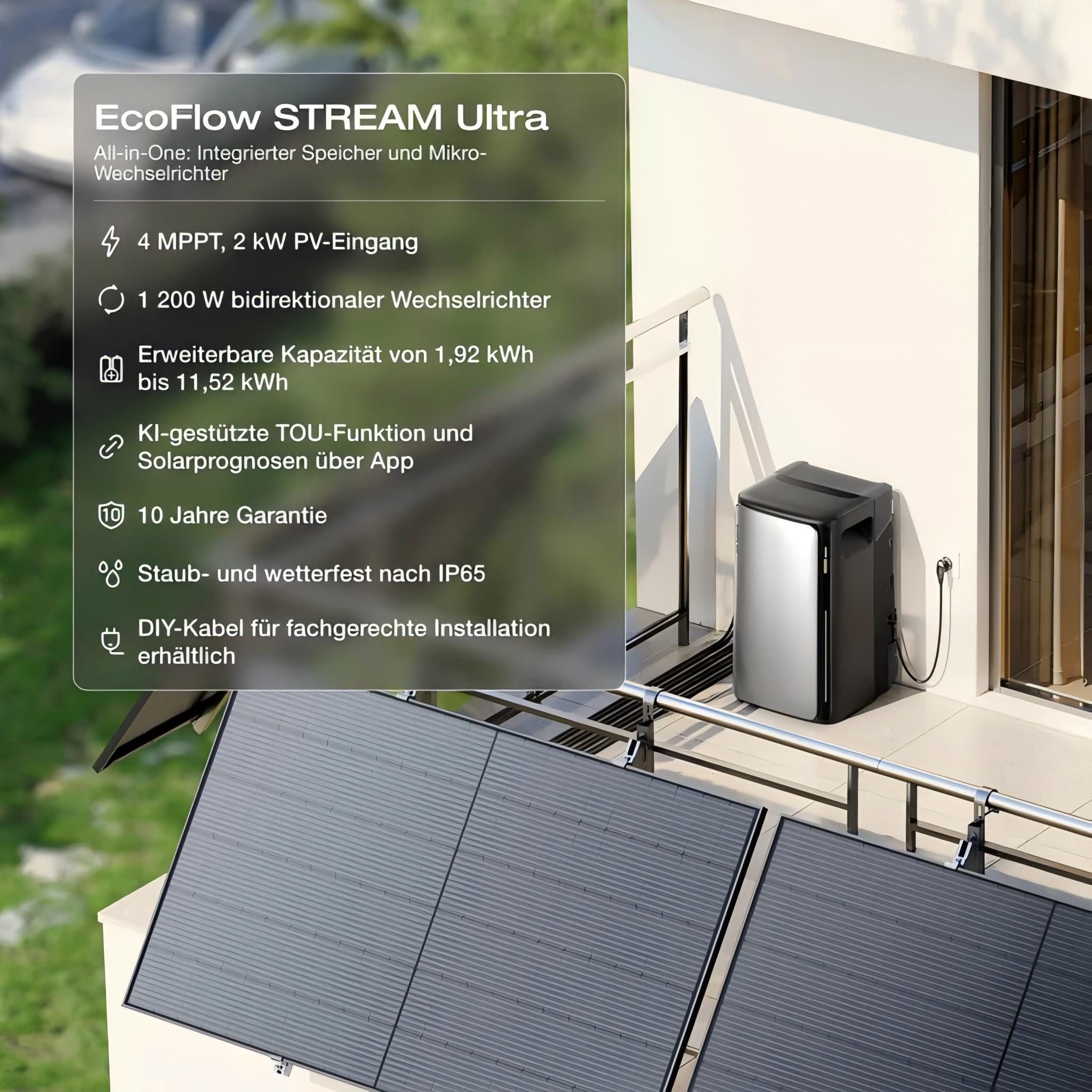 Ecoflow Balkonkraftwerk EcoFlow STREAM Ultra 1,92 kWh All in One Speicher, 800 W, LiFePo4 Batterie, (Set, All-in-One Stromspeicher mit Wechselrichter), 2800W Solareingang (4 MPPT), 1200W Dual AC-Anschlüsse, IP65