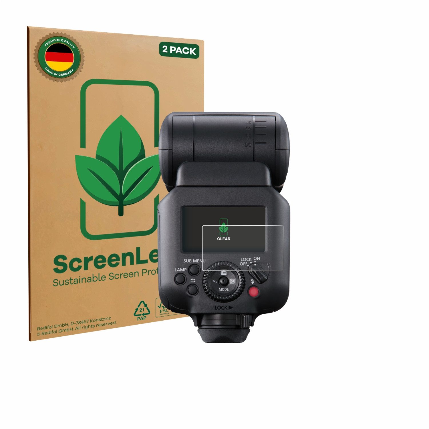 ScreenLeaf Displayschutzfolie Schutzfolie für Canon Speedlite EL-5, 2 Stück, nachhaltiger Displayschutz Schutz Folie Klar Transparent