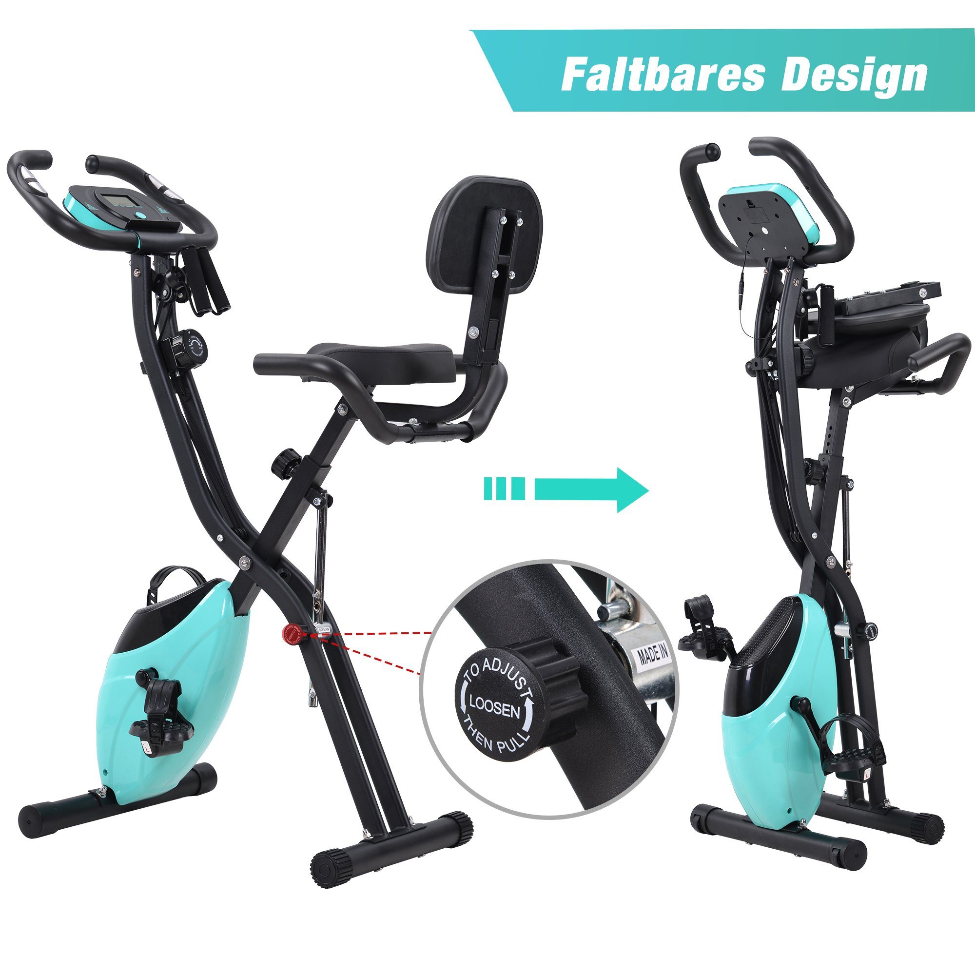 Heimtrainer (magnetische faltbares Fitnessfahrrad), 3-in-1 X-bike mit Expanderbänder, 10 Widerstandsstufen, Max 120 kg