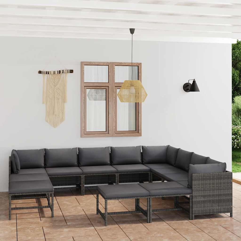vidaXL Gartenlounge-Set 12-tlg. Garten-Lounge-Set mit Kissen Poly Rattan Grau, (1-tlg)