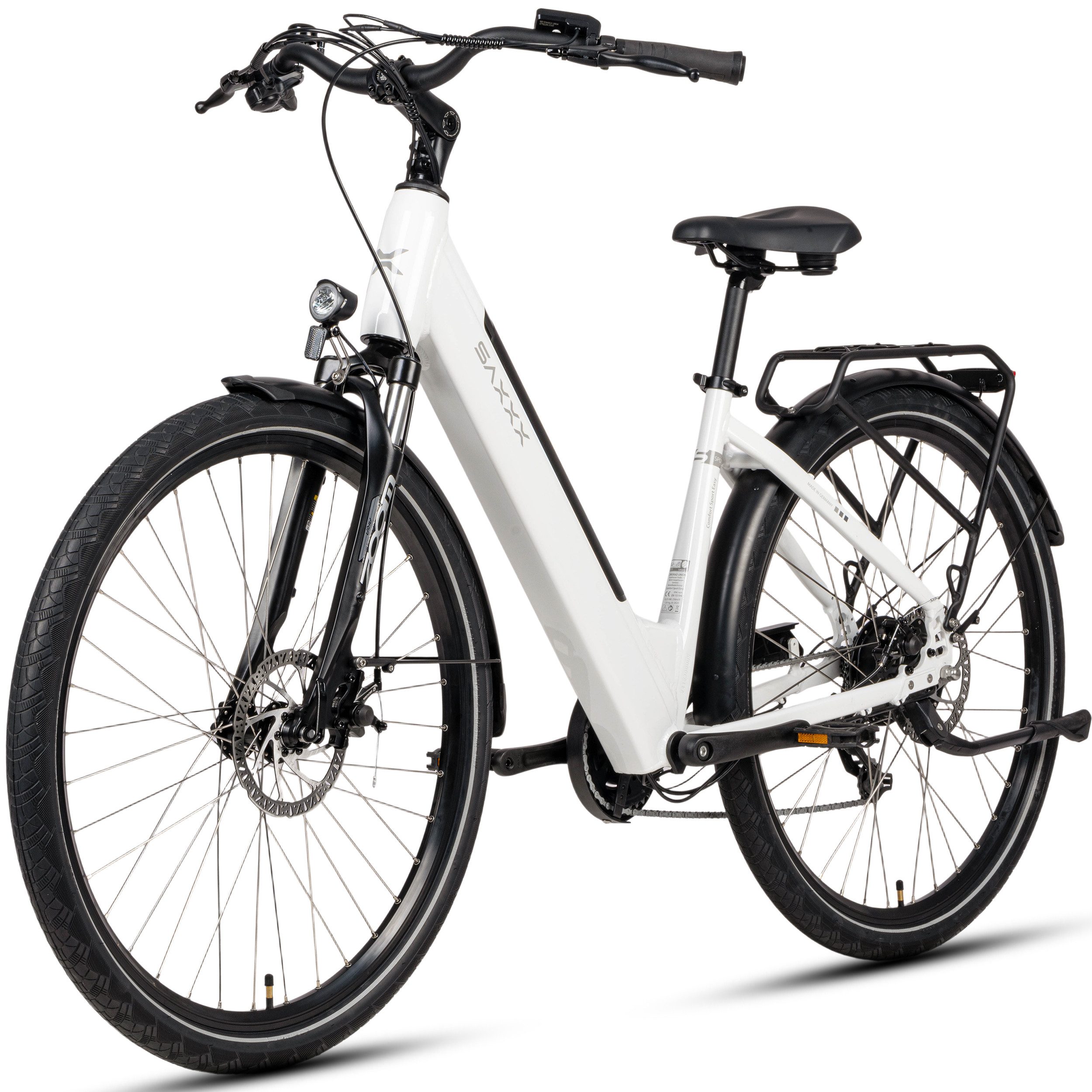 SAXXX E-Bike Cityrad Damen/Herren 28'', SAXXX CSE, Reichweite 90km, 95 % vormontiert, 7 Gang SHIMANO Tourney Schaltwerk, Kettenschaltung, Hinterradmotor, 468 Wh, (mit Akku-Schlüssel, mit Gepäckträger), Elektrofahrrad mit 45cm Rahmenhöhe, Pedelec mit Tiefeinstieg