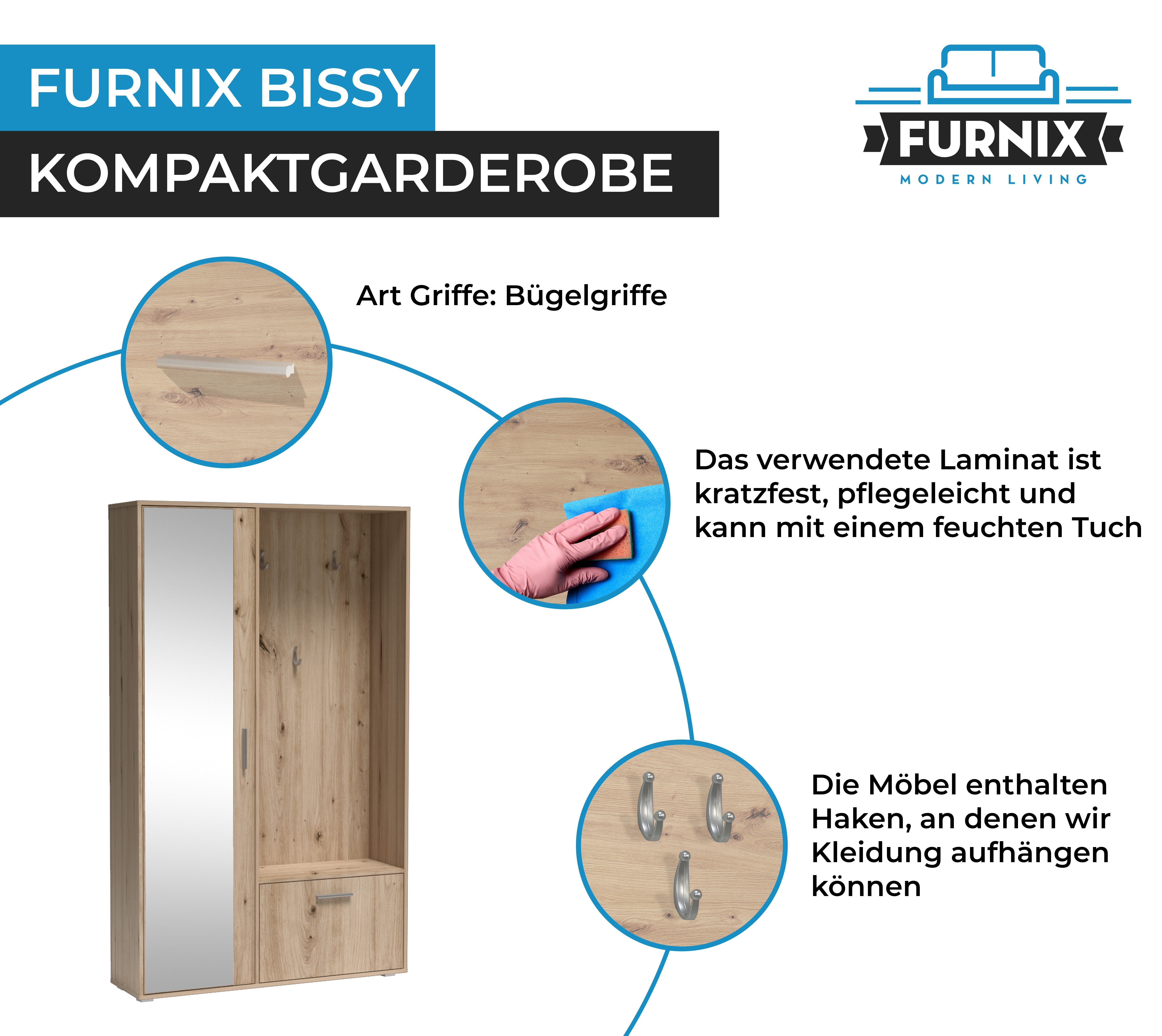 Furnix Kompaktgarderobe BISSY zeitlos und Garderobenschrank, mit praktisch Spiegel, Garderobenhaken Schuhschrank, Artisan