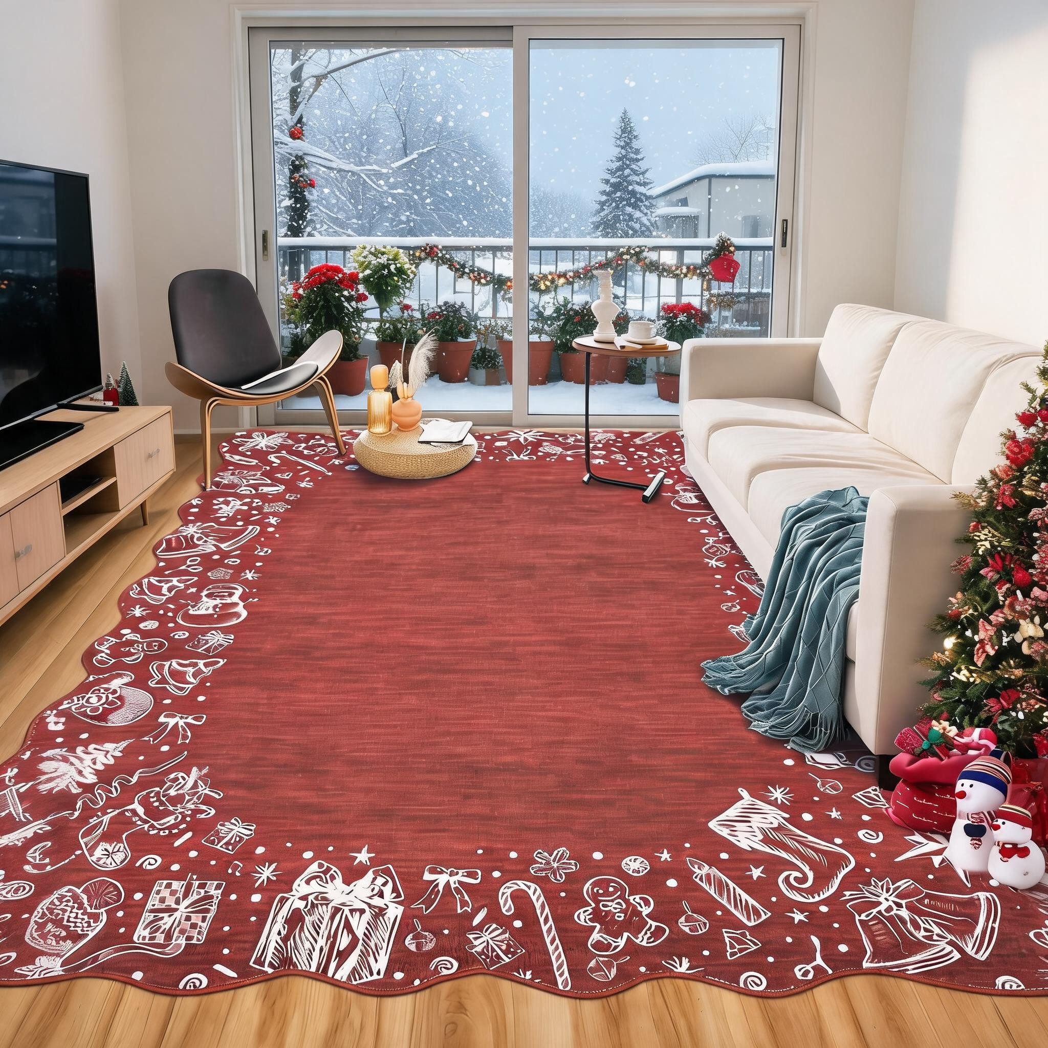 GarveeMore Teppich Weihnachtsmuster Roter Teppich mit Zackenkante – Festlicher Hingucker, rechteckig, Höhe: 5 mm