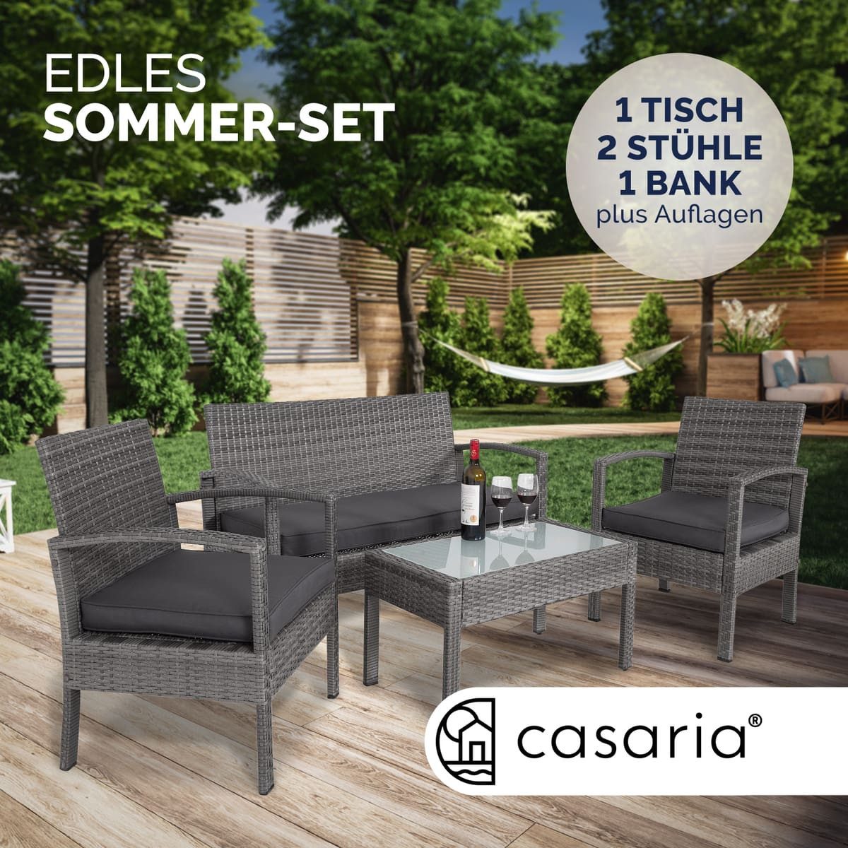 Casaria Balkonset, 4 Personen Wetterfest 7 teilig Polyrattan 2x Sessel Gartenbank Tisch