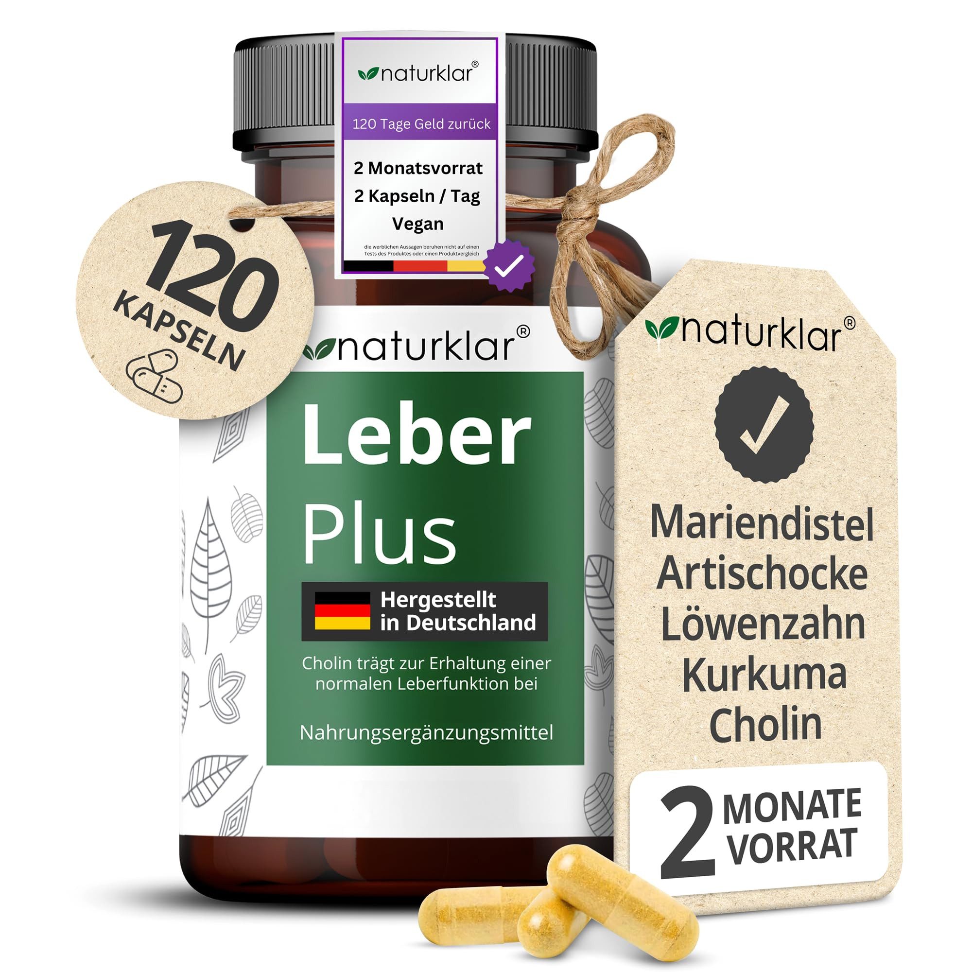 Naturklar Leber Plus - 80% Silymarin, Mariendistel Kapseln, 120 er mit Artischocke, Löwenzahn, Curcuma & Cholin à 88 g, mit Artischocke, Löwenzahn, Curcuma & Cholin - 120 Kapseln - Vegan