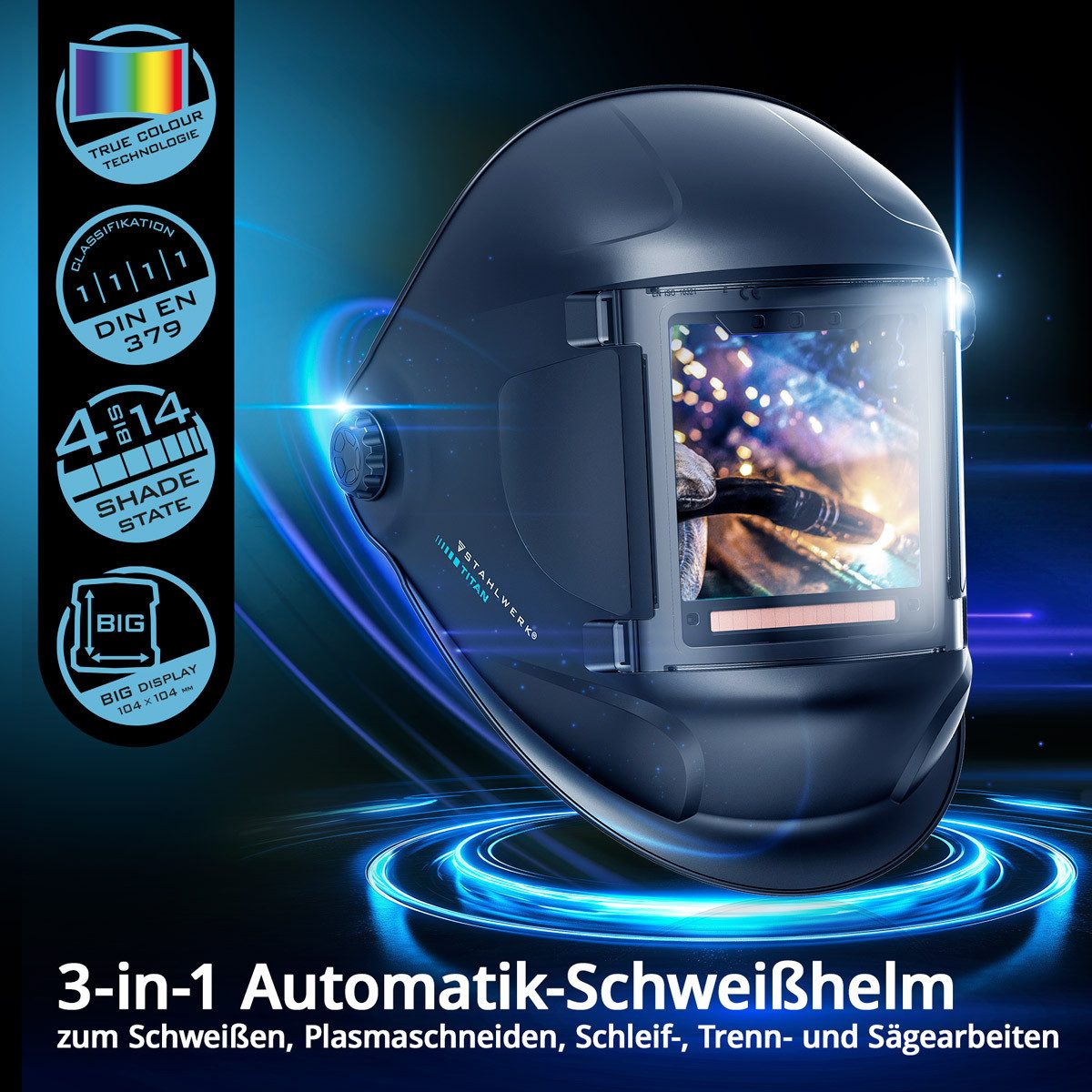 STAHLWERK Schweißhelm Automatik-Schweißhelm TITAN 3-in-1 Schweißerhelm (Set, 1-tlg., Set), True-Colour-Echtfarbwiedergabe