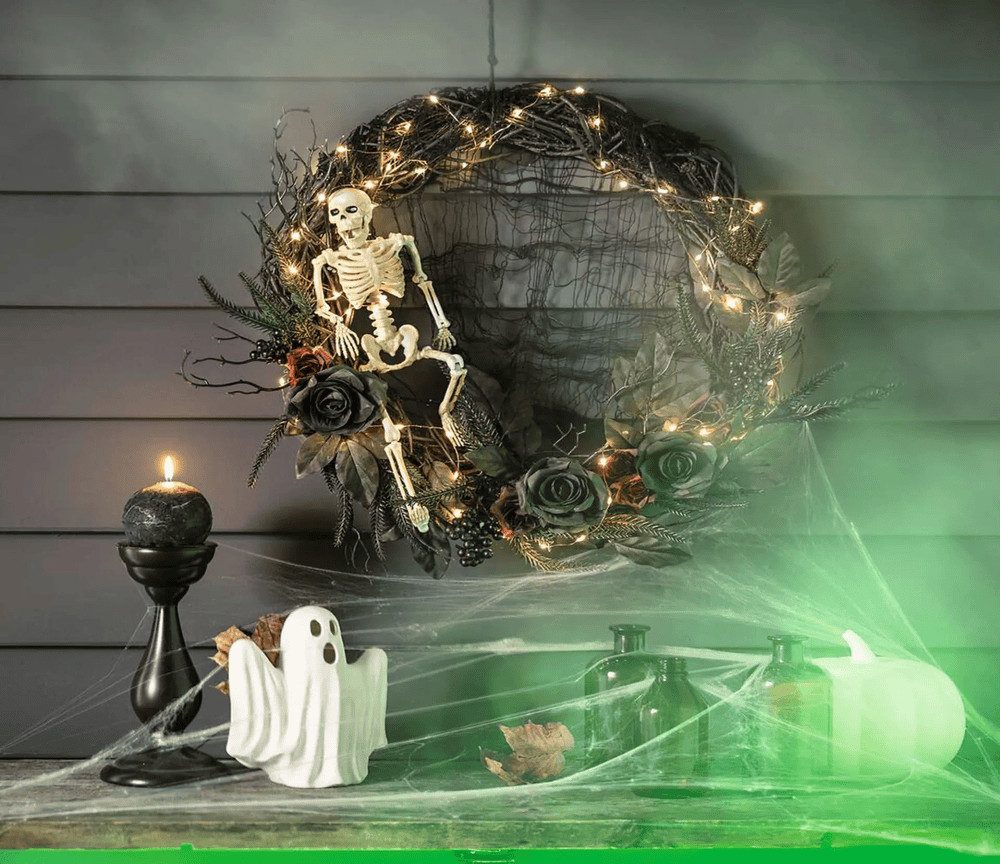 Home-trends24.de LED-Dekofigur Kranz LED Halloween Deko Skelett Blume Beere