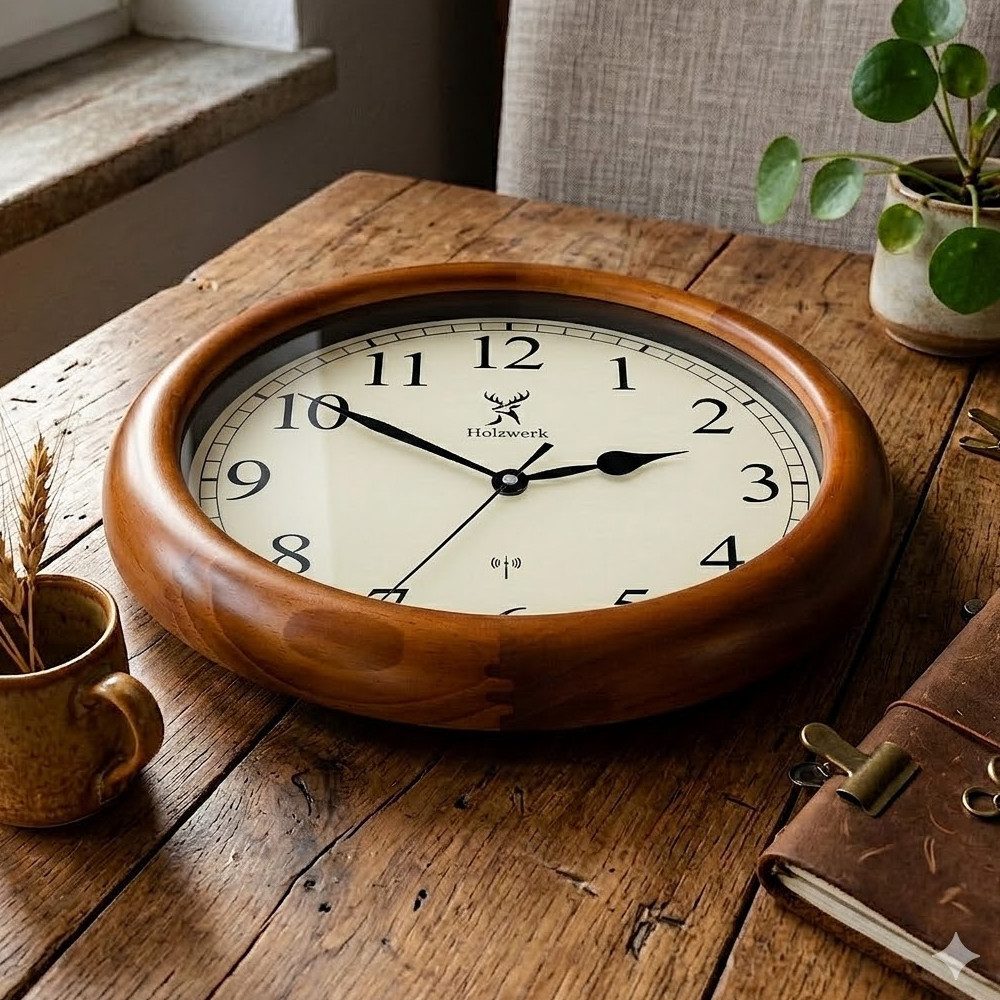 Holzwerk Funkwanduhr Designer Loft Funk Holz Wand Uhr, braun, beige, weiß (Nahezu lautloses Uhrwerk, analog, 35 cm)
