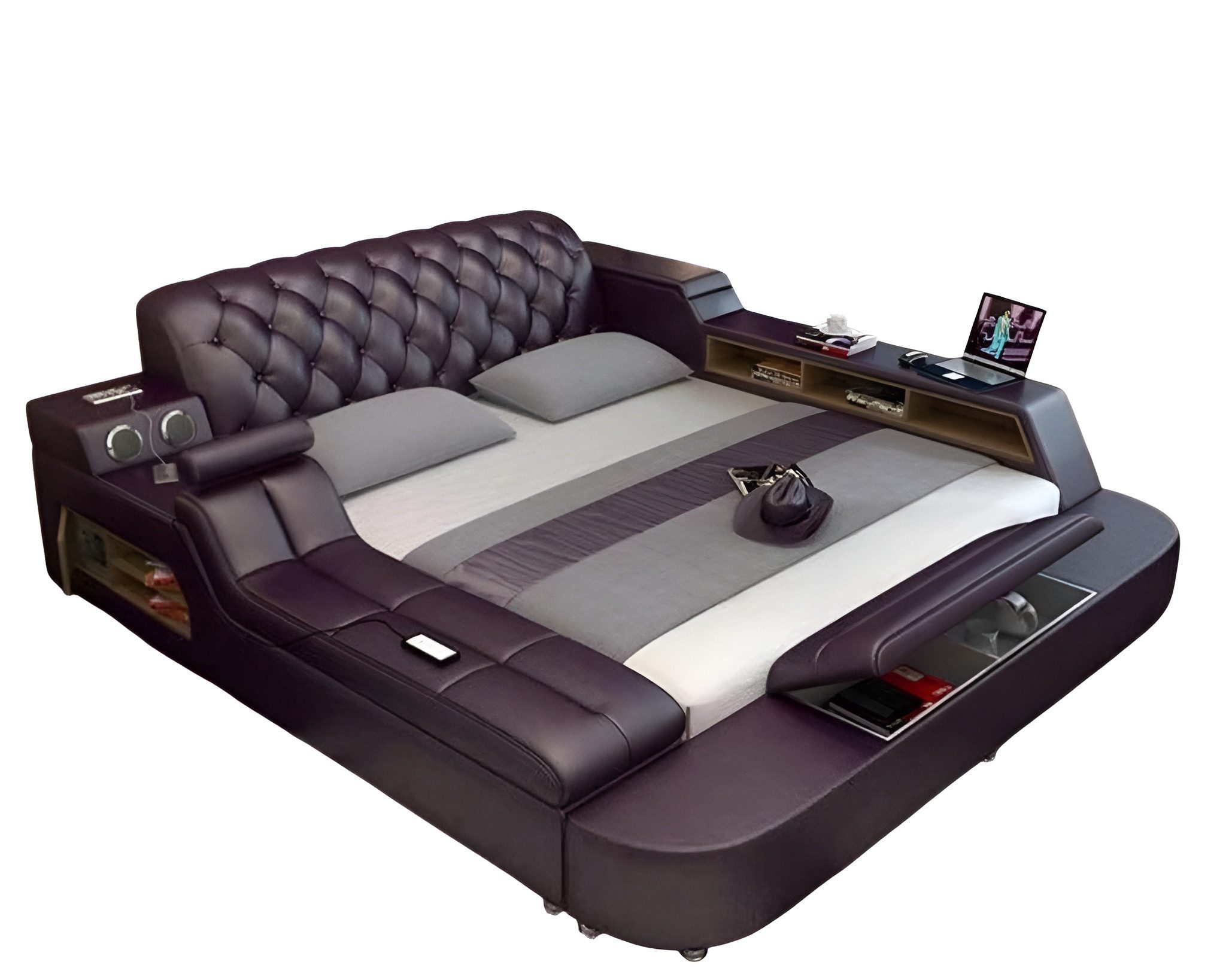 Xlmoebel Multimediabett Exklusives Polsterbett in Violett aus Leder mit Massagefunktion Sofort (Multimediabett, 1-tlg., Polsterbett Leder Violett), Made in Europa