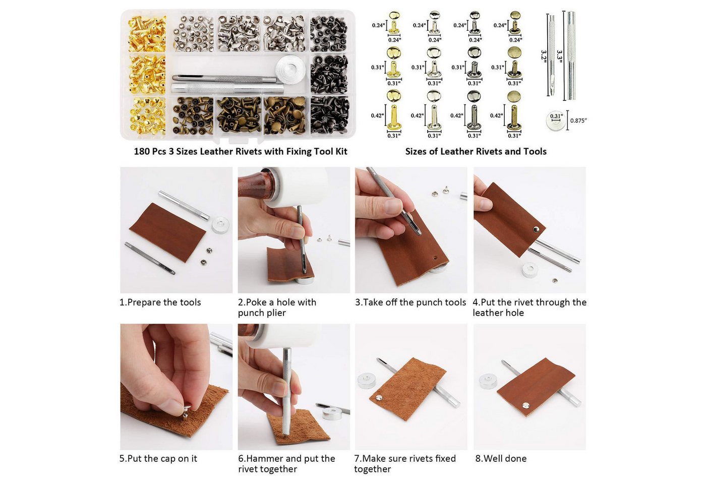 Thumbnail - RWEUOQ Niete 180 Set Leder Nieten Doppelkappe Rivet 3 Größen Nieten für Leder, (Ledernieten Metallnieten Set, 180 St., D...