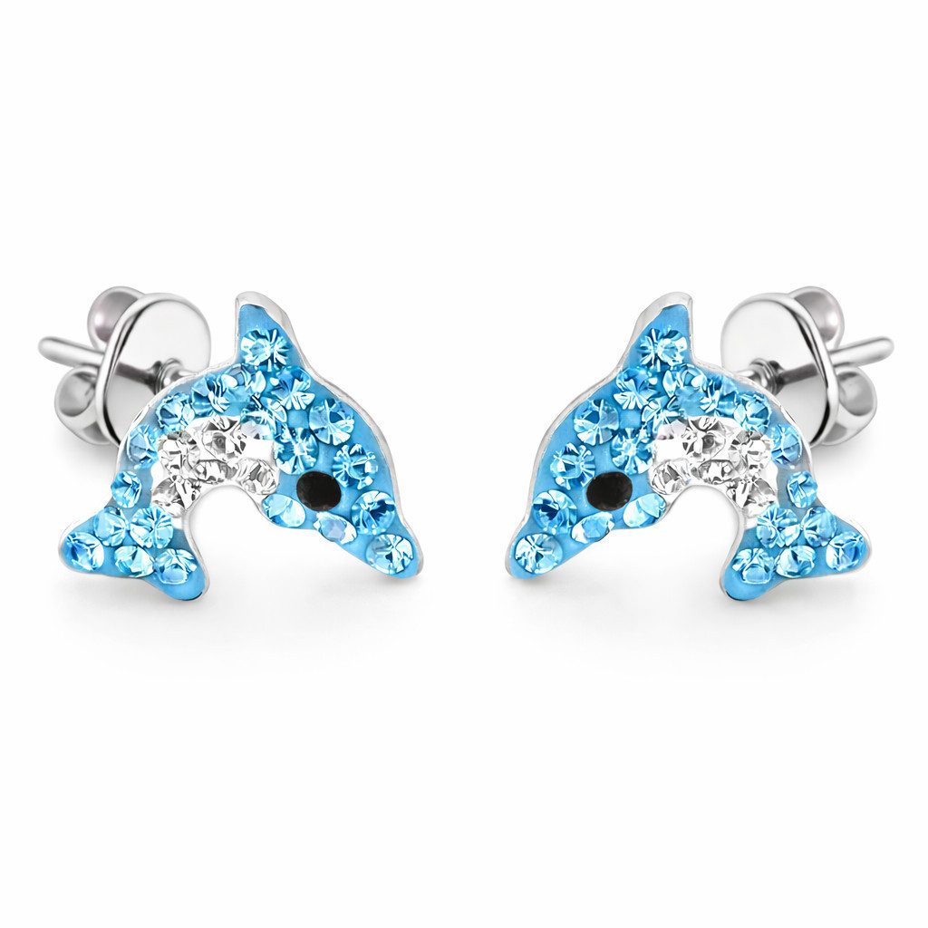 schmuck23 Paar Ohrstecker Ohrringe Delfin 925 Silber Kristalle Kinder Mädchen (1 Paar Ohrringe, Geschenkset), Kinderschmuck Geschenk