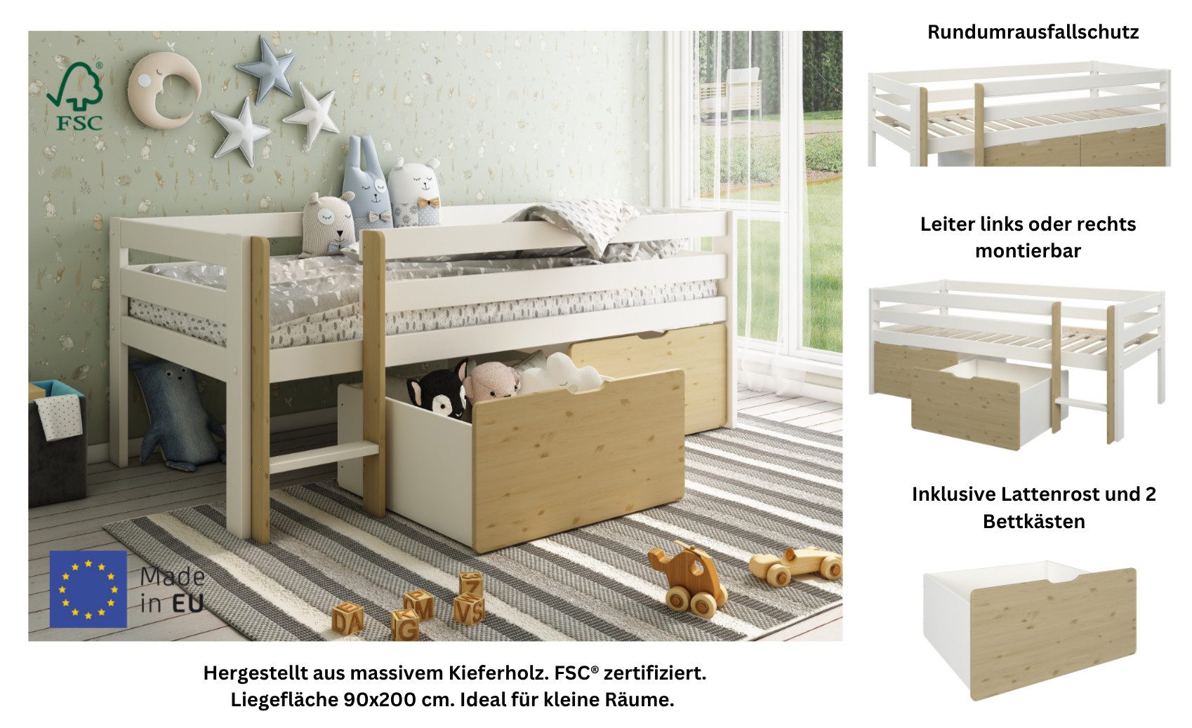 OTTO home Kinderbett Tide, maximaler Stauraum durch Schubkästen, Massivholz (4-tlg., Kinderbett inklusive Lattenrost und 2 Bettkästen), Hochbett mit Rausfallschutz, Made in EU