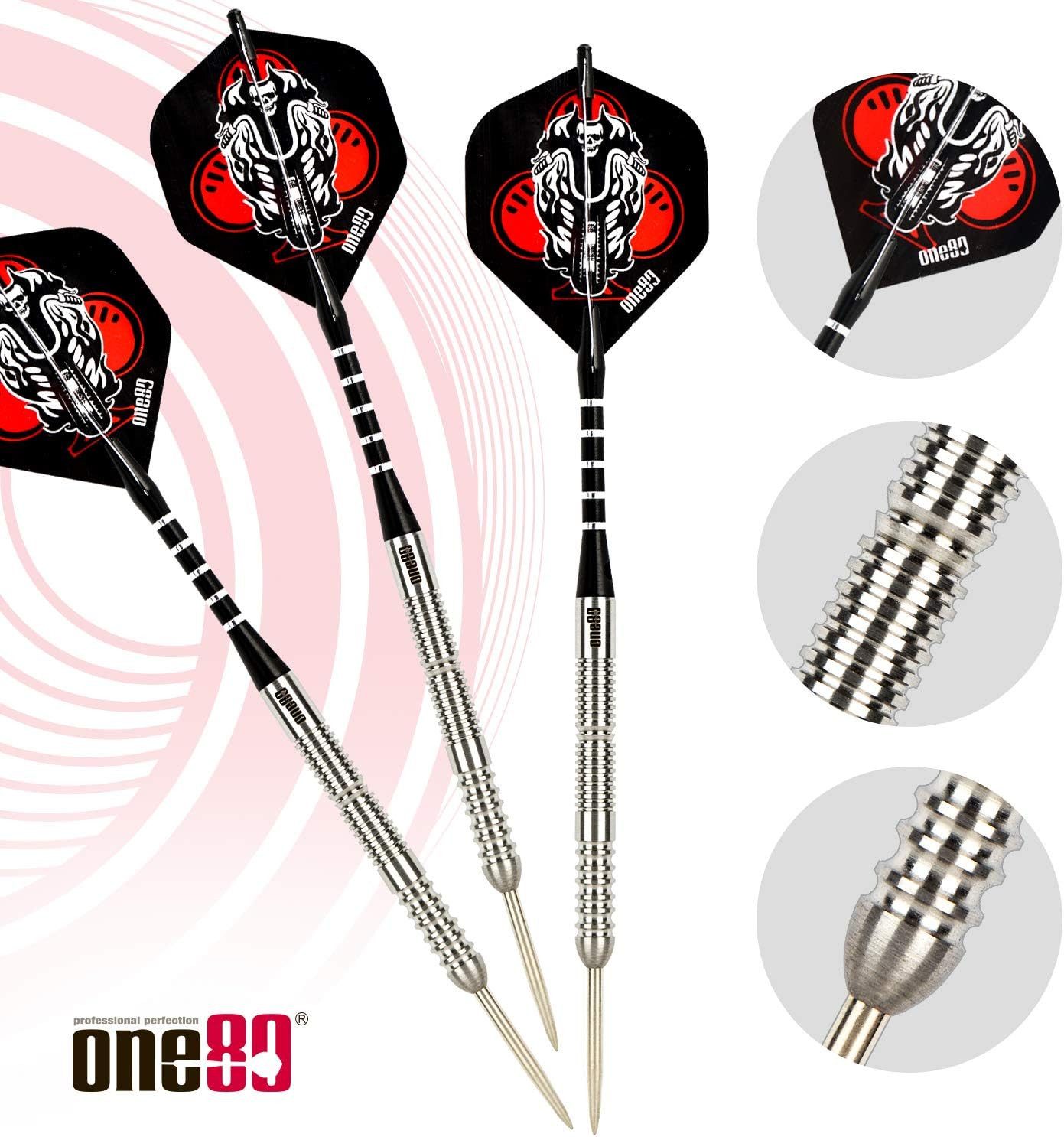 one80 Dartpfeil ne80 Steeldarts Set 23 g – inkl. Flights & Shafts, Robustes Steeldart Set mit 23 g Barrelgewicht