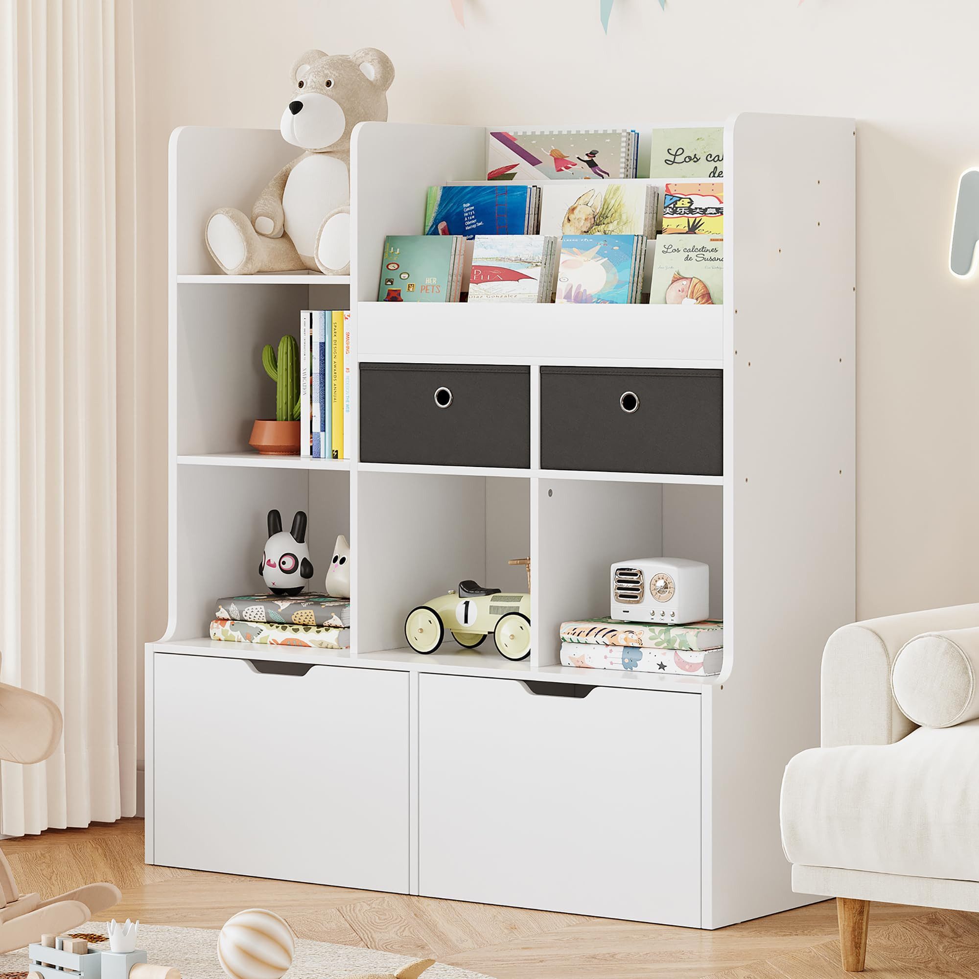 GarveeMore Bücherregal Kinderregal Kinderbücherregal Stauraumregal aus Holz mit 4 Schubladen, Mehrzweckregal Standregal Regal 120 x 35 x 108 cm weiß