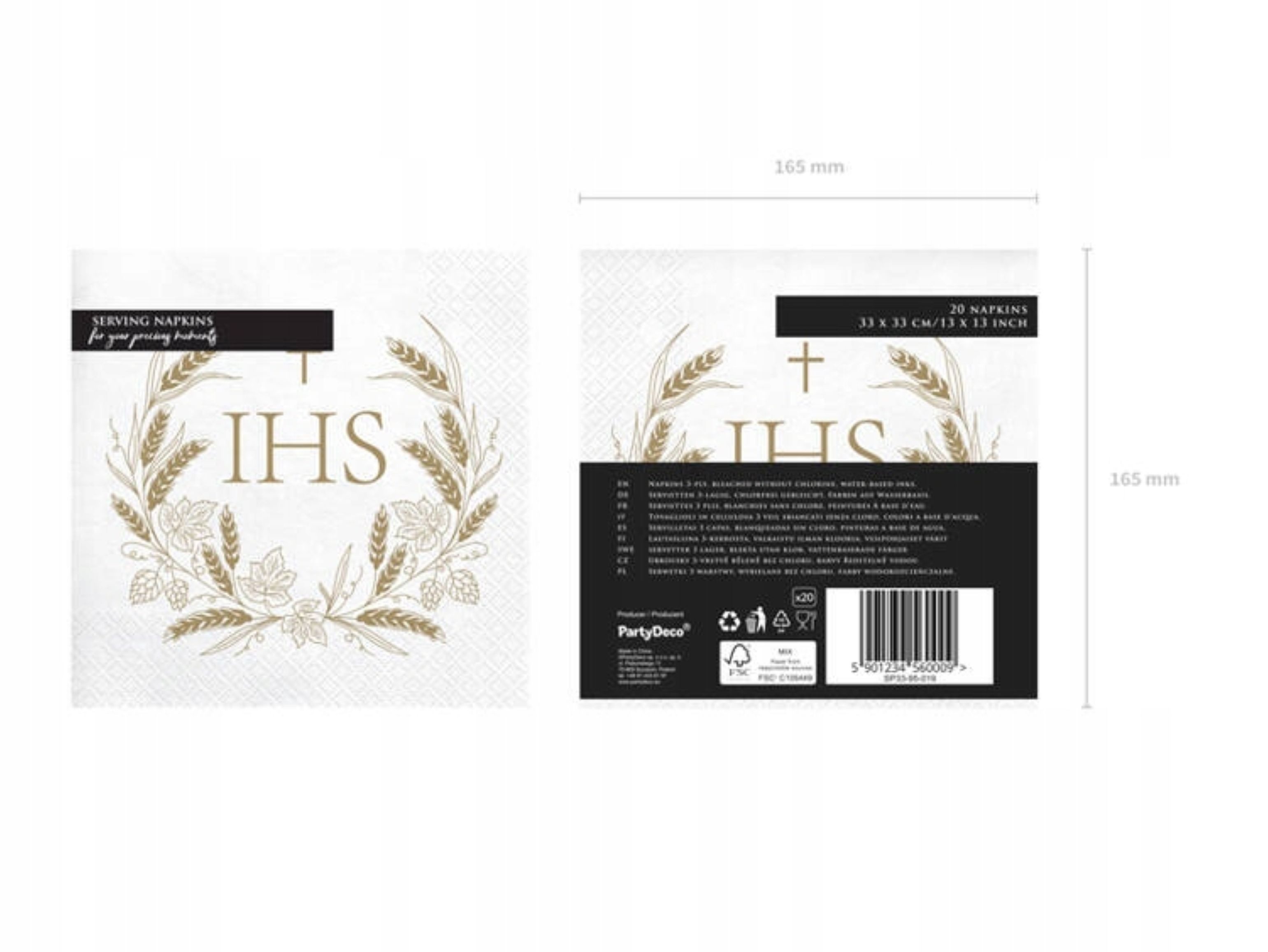 partydeco Papierserviette Servietten zur Ersten Heiligen Kommunion – Weiß mit goldener "IHS"