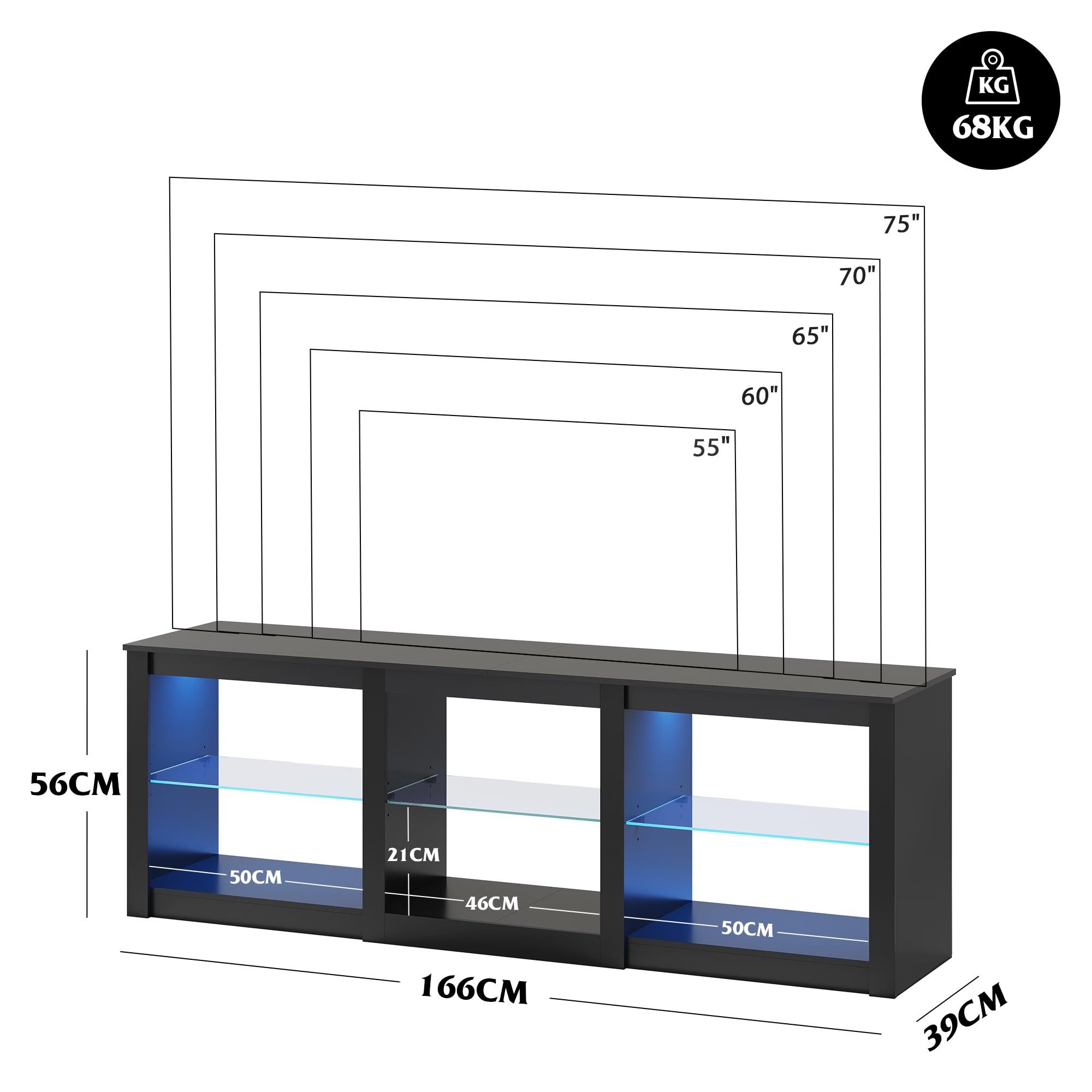 WLIVE Lowboard TV-Schrank mit RGB-LED (22 Modi), 3 offene Fächer & verstellbare (Länge 166 cm, Schwarz, TV Board für 55/60/ 65/70/75/Zoll Fernseher), 166 x 39 x 56 cm, modern & stabil
