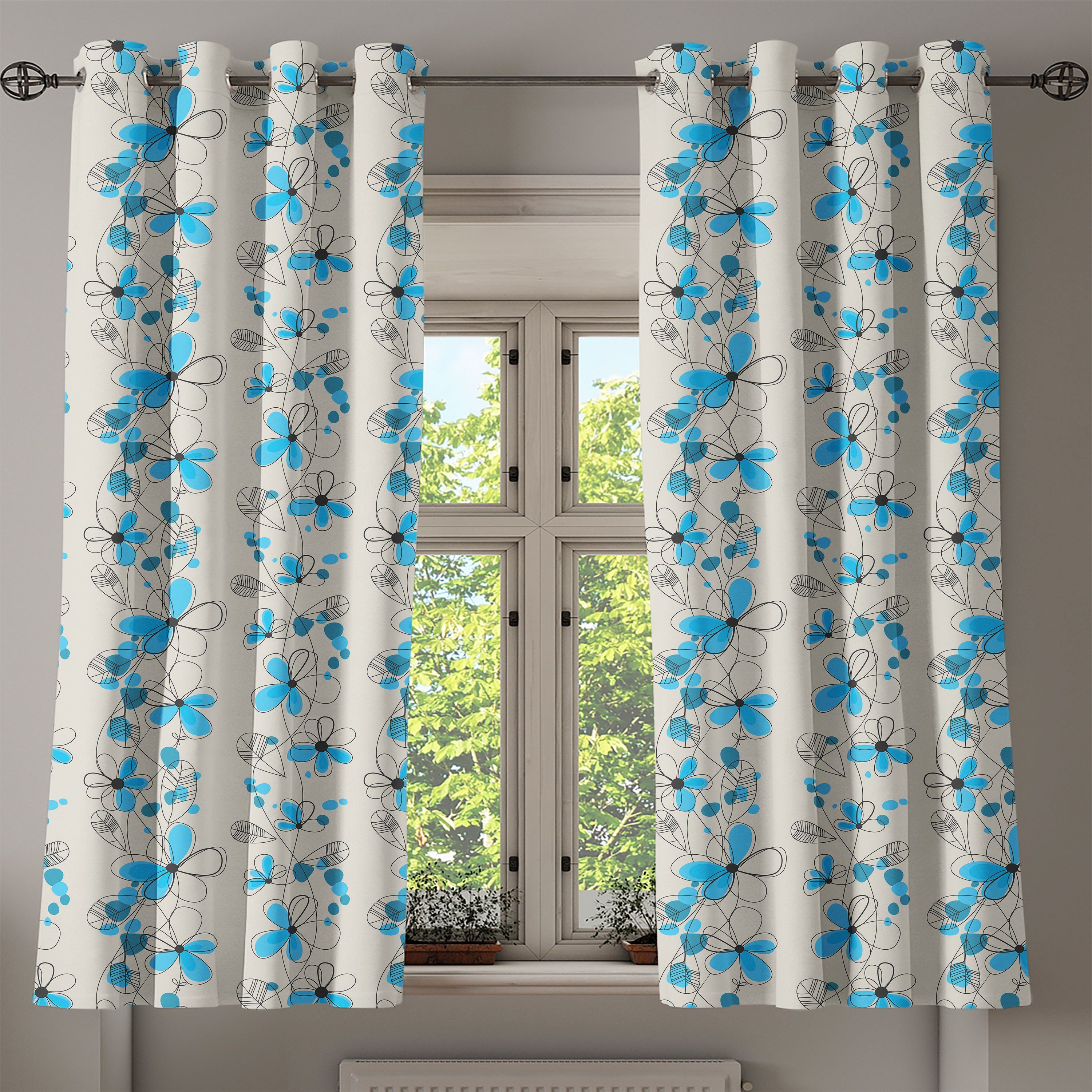 Wohnzimmer, Grau Childish für und 2-Panel-Fenstervorhänge Schlafzimmer Abakuhaus, Blau Gänseblümchen Dekorative Gardine