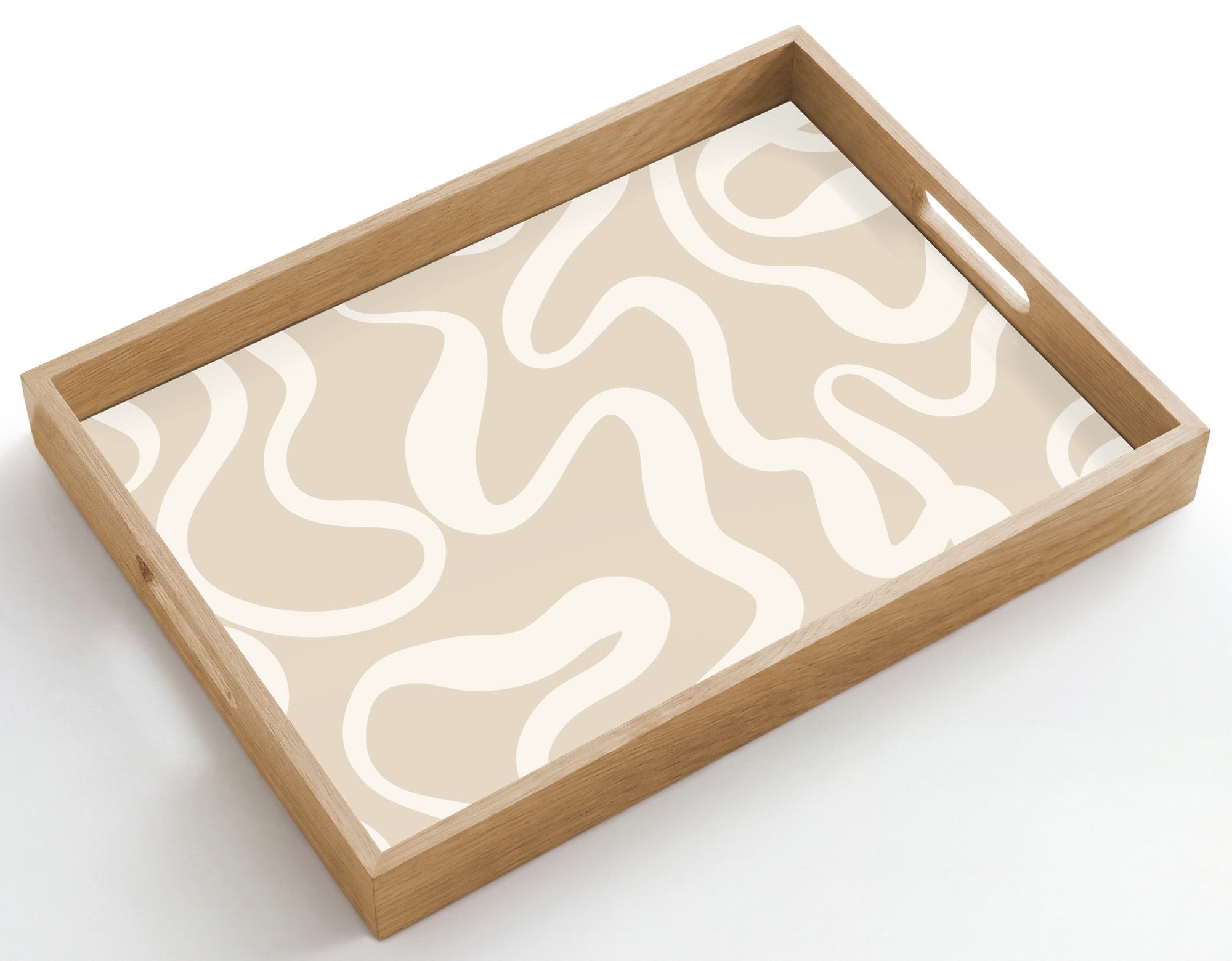 OnlyWow Tablett Rechteckig mit Henkel Linien - Abstrakt - Beige - Weiß - Minimalistisc, Eichenholz, (1-tlg), Servierbrett Groß, Tischdeko, Platte, Tisch Deko