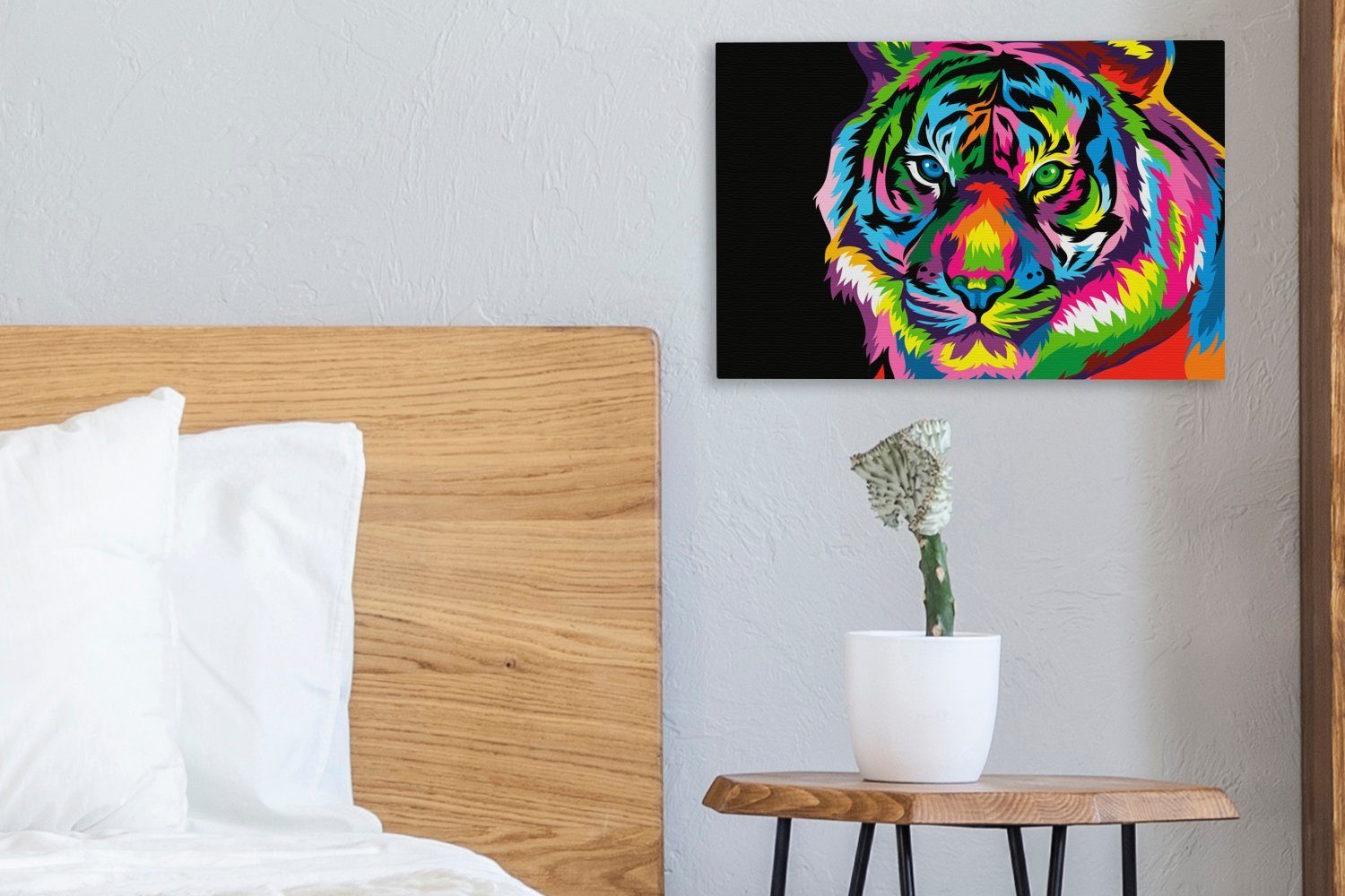 30x20 Leinwandbilder, Kopf cm Aufhängefertig, St), - Tiger OneMillionCanvasses® Regenbogen, - Wandbild Wanddeko, Leinwandbild (1