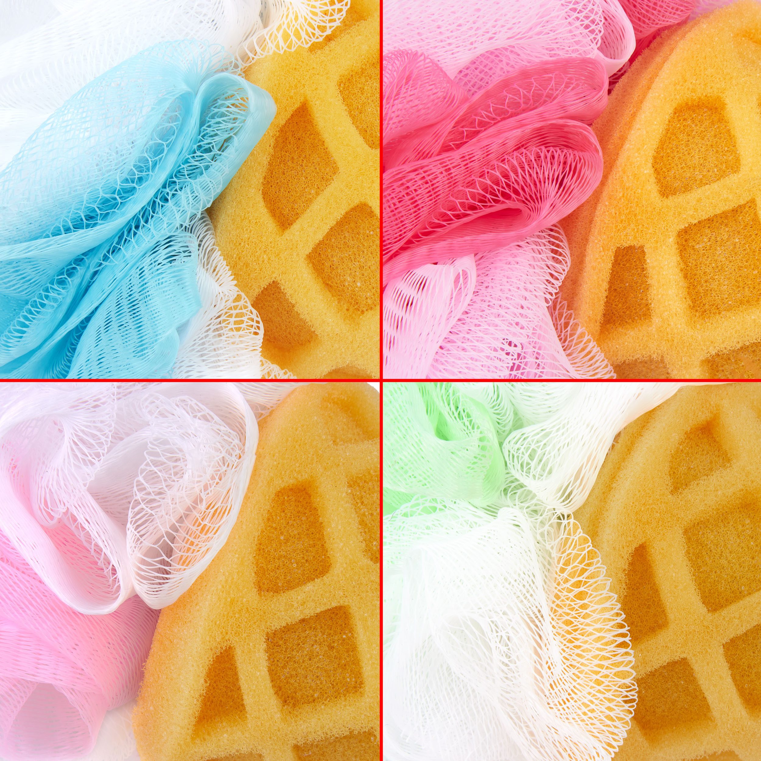 BRUBAKER Duschschwamm Badeschwamm Set Eis Waffel - 45 g Badeknäuel für Kinder und Erwachsene, 4-tlg., Körperreinigungsschwamm - Peeling Schwamm - Waffeleis Waschschwamm