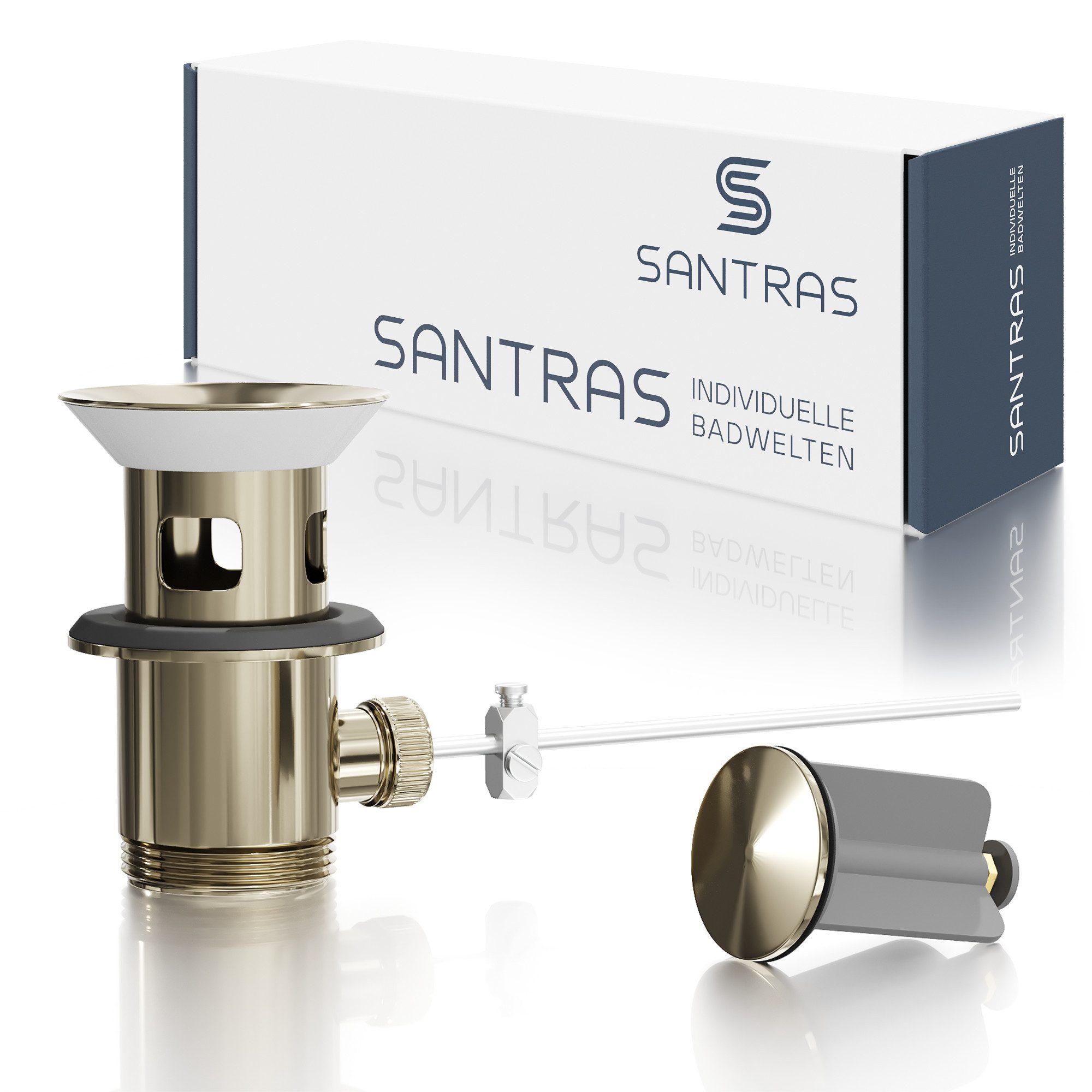 Santras Ablaufgarnitur für Armatur mit Zugstange (Exzenter) in Edelmessing (Gold)