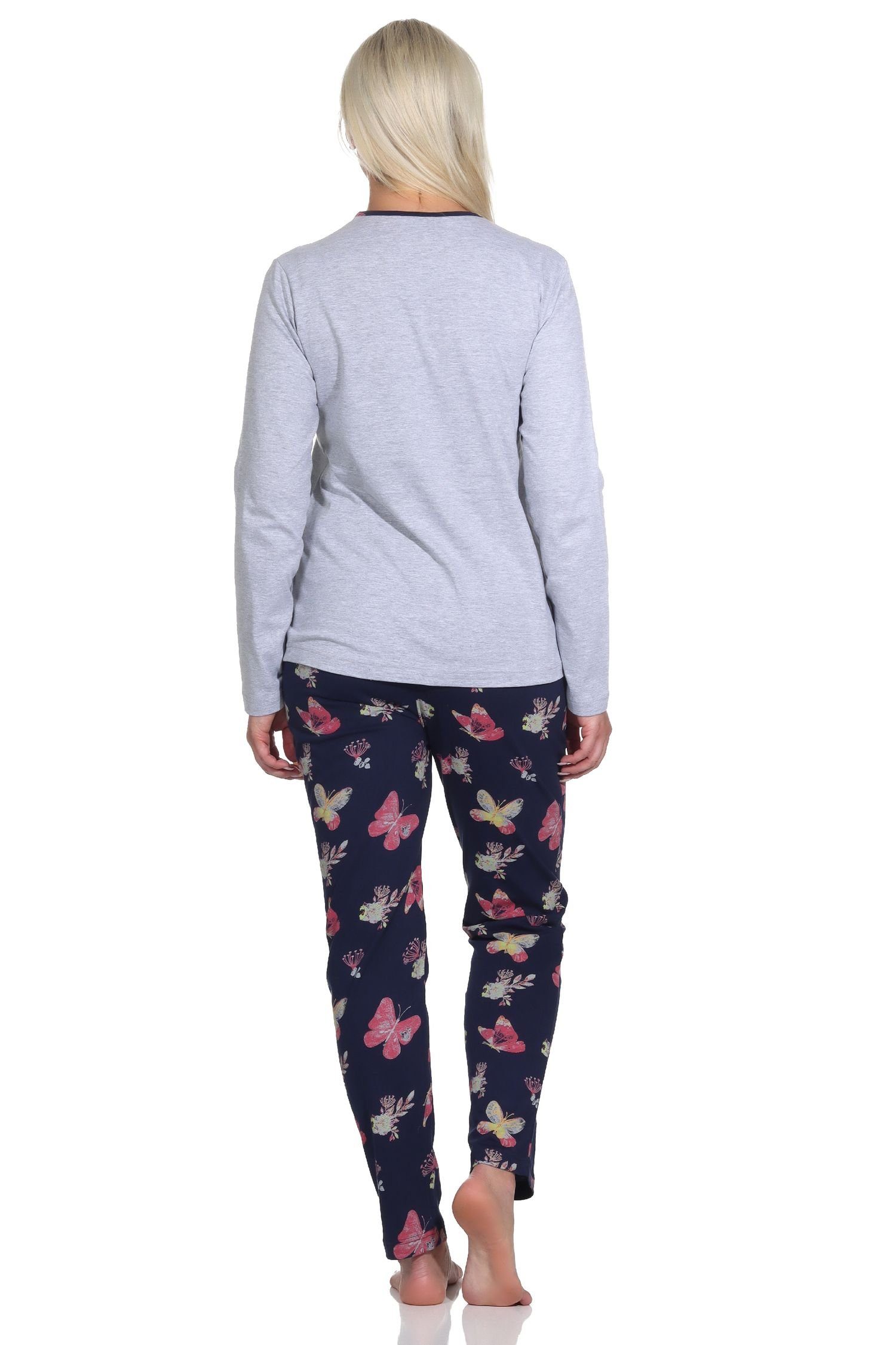 Normann Pyjama in auch grau-mel. Damen Schlafanzug langarm Übergröße mit - Schmetterlingsmotiv