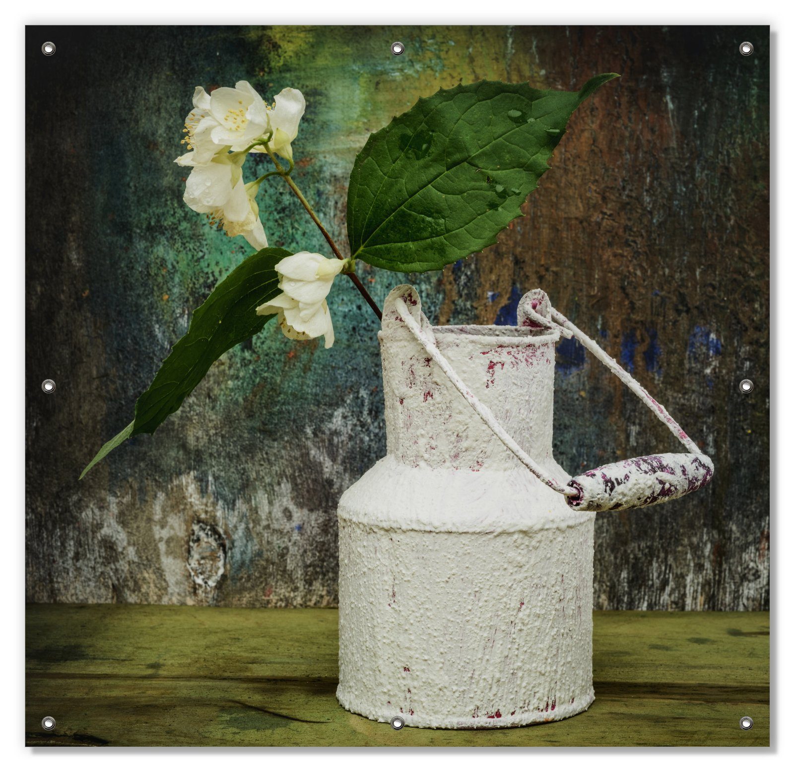 Sonnenschutz Jasmin Blumen in einer alten Milchkanne, Wallario, blickdicht, mit Saugnäpfen, wiederablösbar und wiederverwendbar
