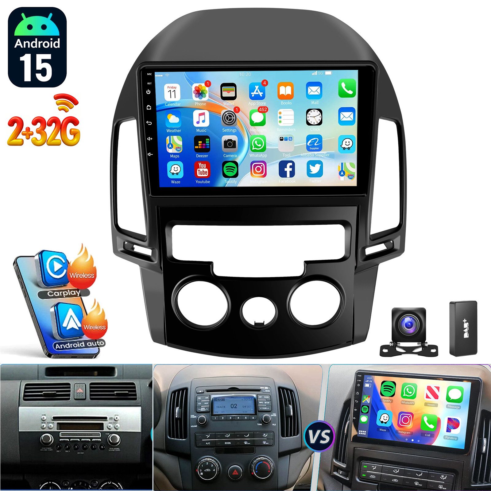 ESSGOO 9'' DAB+ Für Hyundai i30 MK1 FD 2006-11 Android 15 Carplay GPS Navi BT Autoradio (RDS, 2+64GB(optional), FM, AM, DAB+ (optional), Wireless Apple Carplay & Android Auto,2 DIN,WiFi)