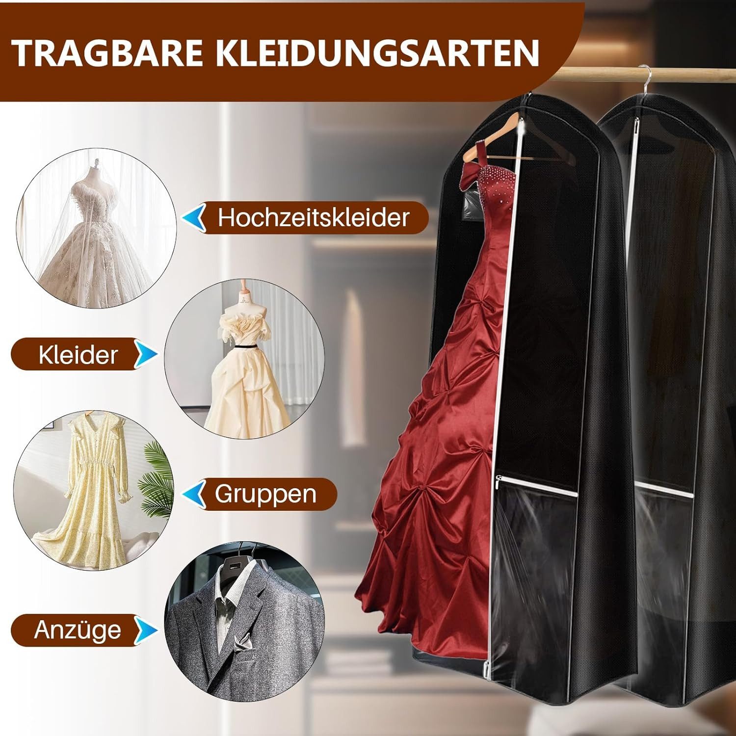 Zaewry Kleidersack Lang 180×60 cm, Faltbare Kleiderhülle mit 4 Taschen, mit Griffen