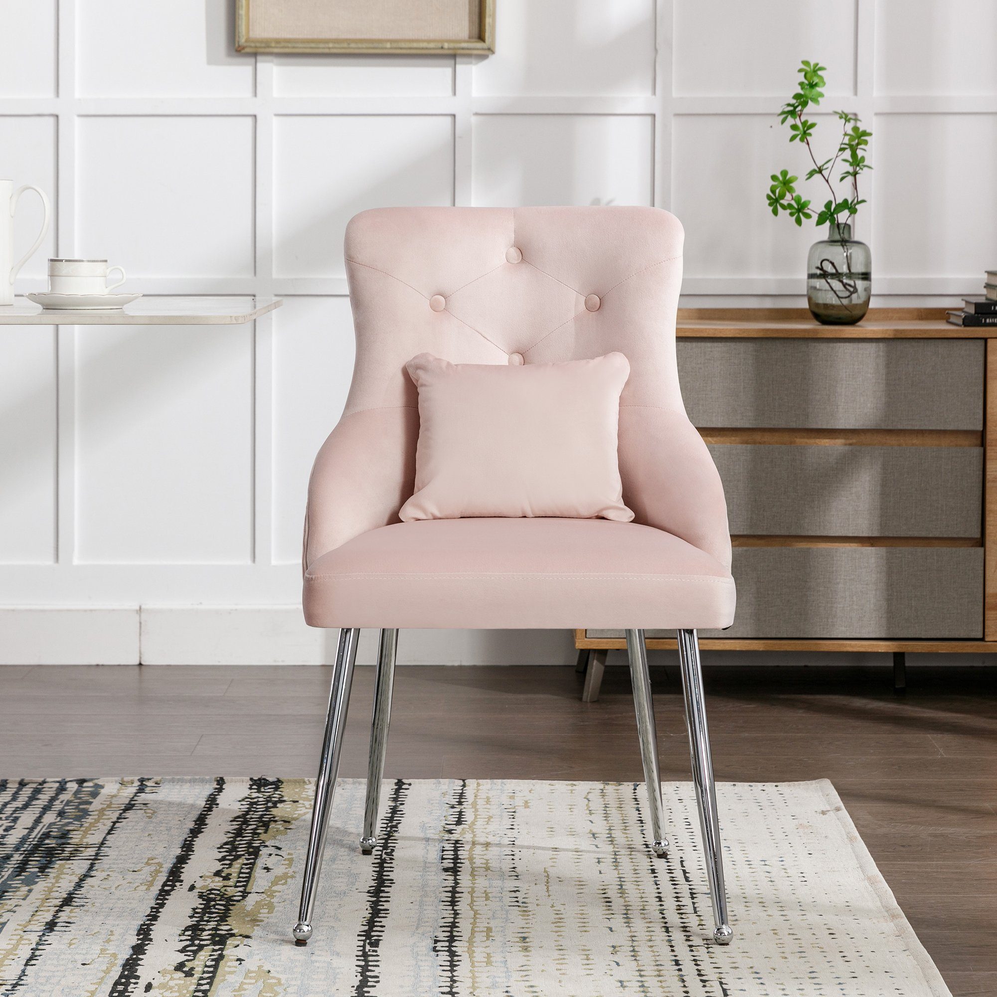 Ulife Esszimmerstuhl mit Knopfmuster, Gepolsterter Sessel,Moderner Loungesessel, Schlafzimmer-Wohnzimmerstuhl mit Lendenkissen Rosa