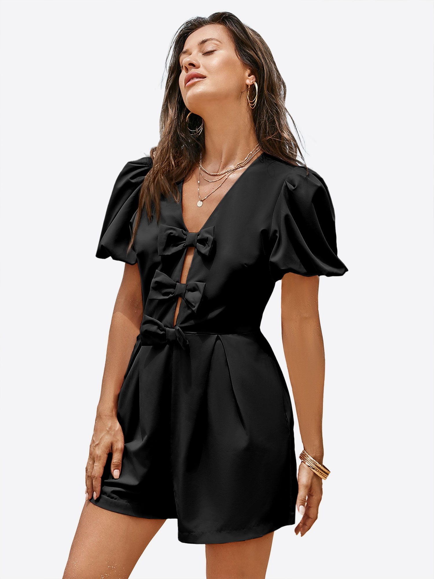 Imily Bela Strampler Damen Jumpsuits mit Schleife vorne und Puffärmeln (Packung, 1-tlg., 1per-Pack) einfarbig – Bild 5 von 5
