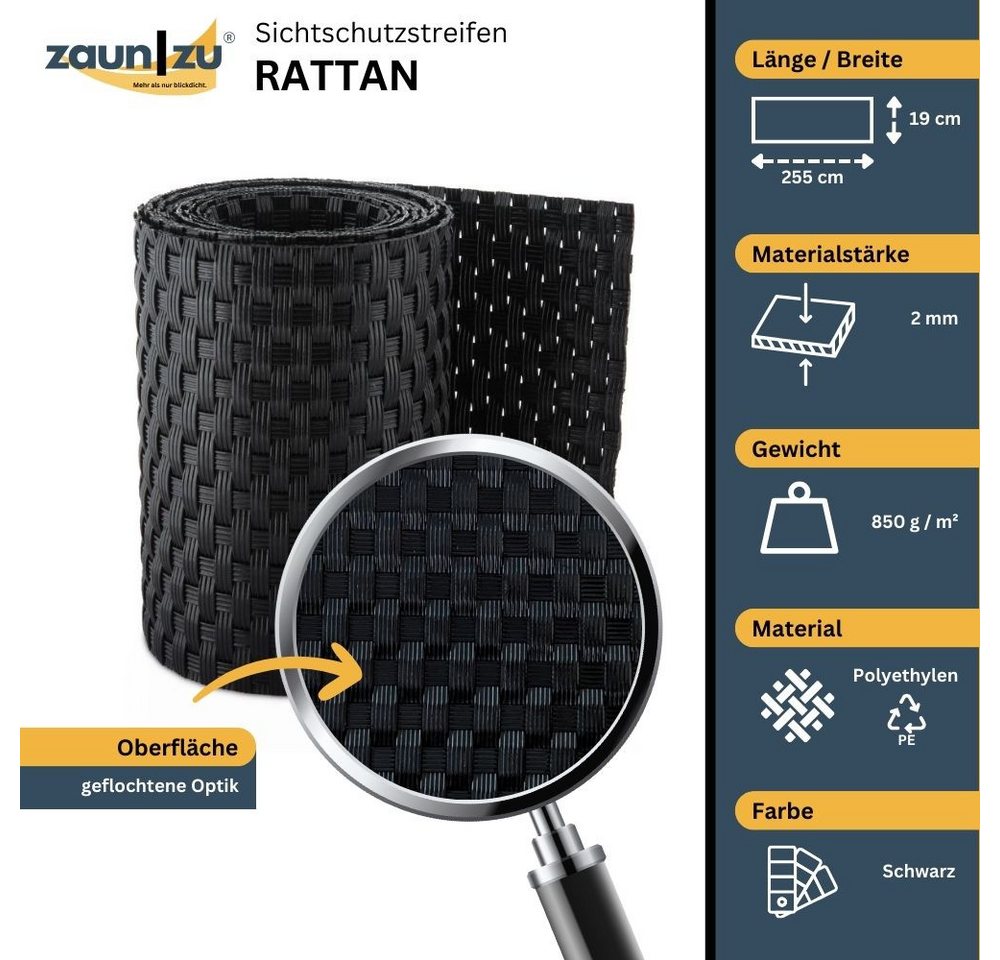 Thumbnail - zaunzu Sichtschutzstreifen Rattan Einzelstreifen für Doppelstabmatten Schwarz 2,55m, (Einzelstreifen, 1), PE für Doppels...