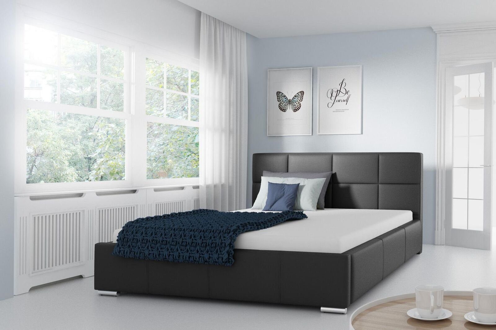 JVmoebel Lederbett, Doppel Bett Gepolsterte Design Luxus Möbel 200x200 Bettrahmen Schwarz