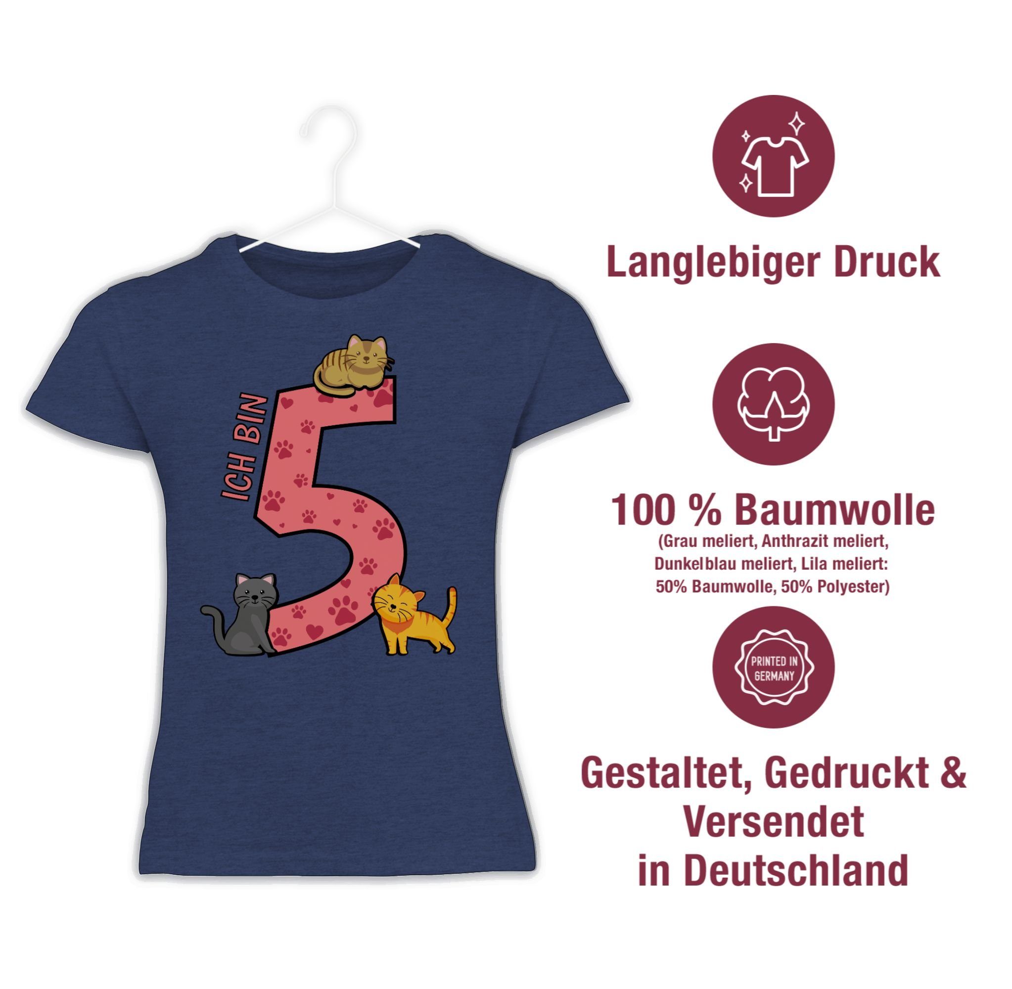 Geburtstag T-Shirt Shirtracer Dunkelblau Meliert Katzen Fünfter 5. 2