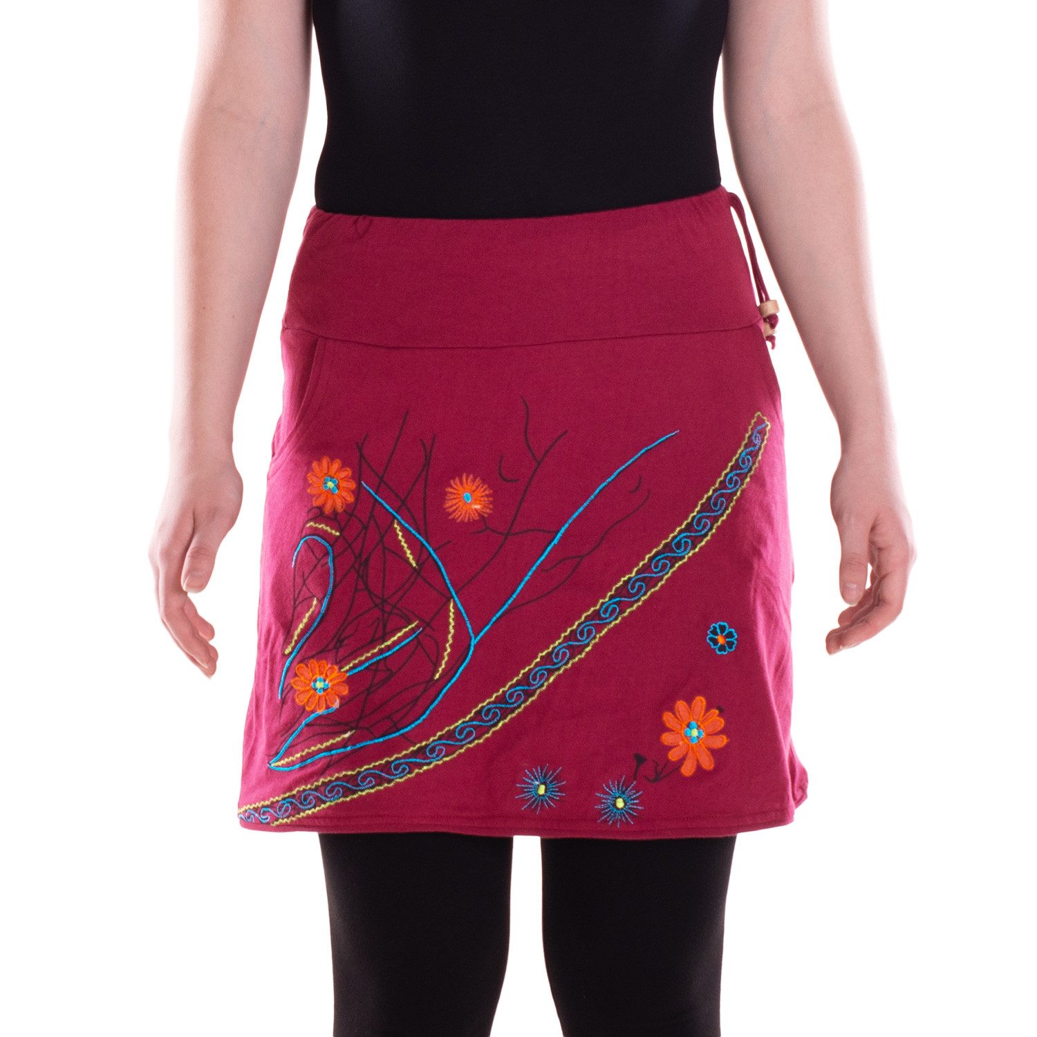 Vishes Sommerrock Damen Baumwolle Blumen-Muster elastischer Bund Stickerei Taschen Alternative Bekleidung, Ethno, Hippie, Retro Style