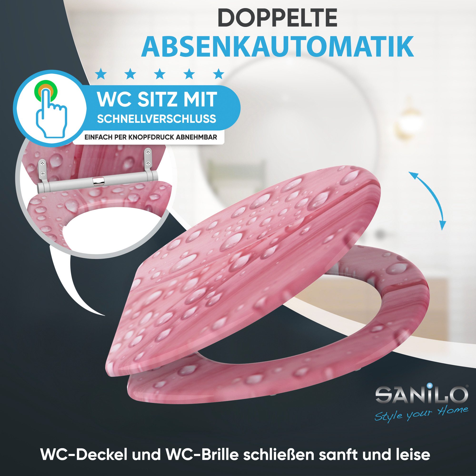 Sanilo WC-Sitz Pink Flower mit Absenkautomatik & Quick Release, Premium Toilettendeckel, abnehmbar, leichte Montage von oben