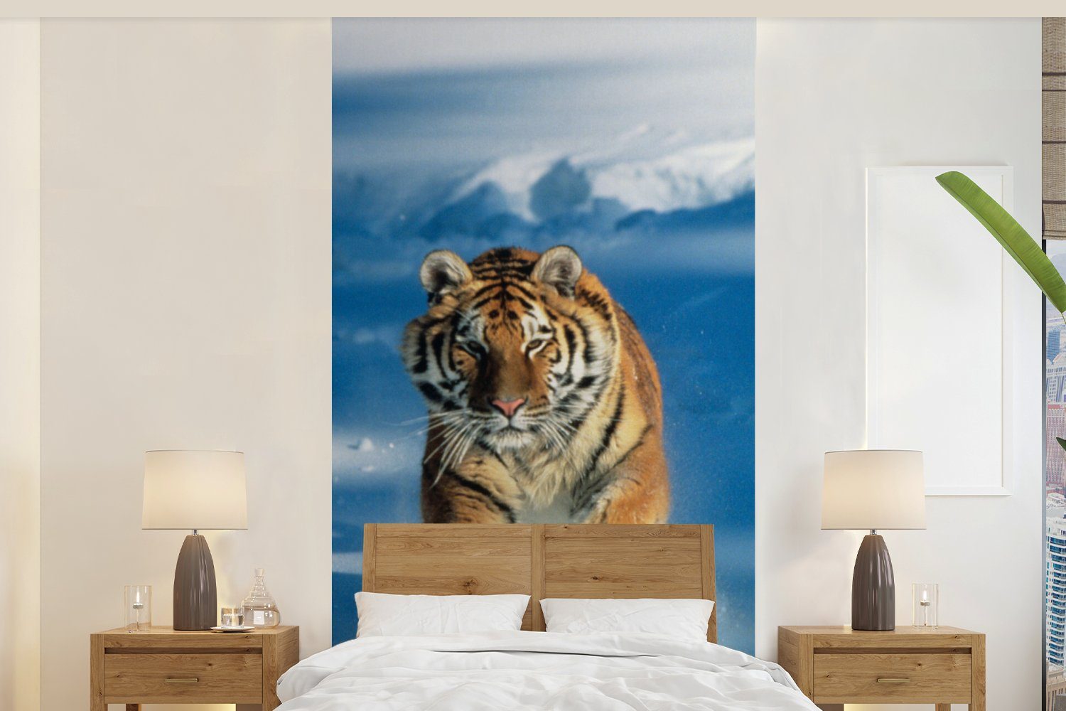 MuchoWow Fototapete Tiger - Schnee - Lauf, Matt, bedruckt, (2 St), Vliestapete für Wohnzimmer Schlafzimmer Küche, Fototapete