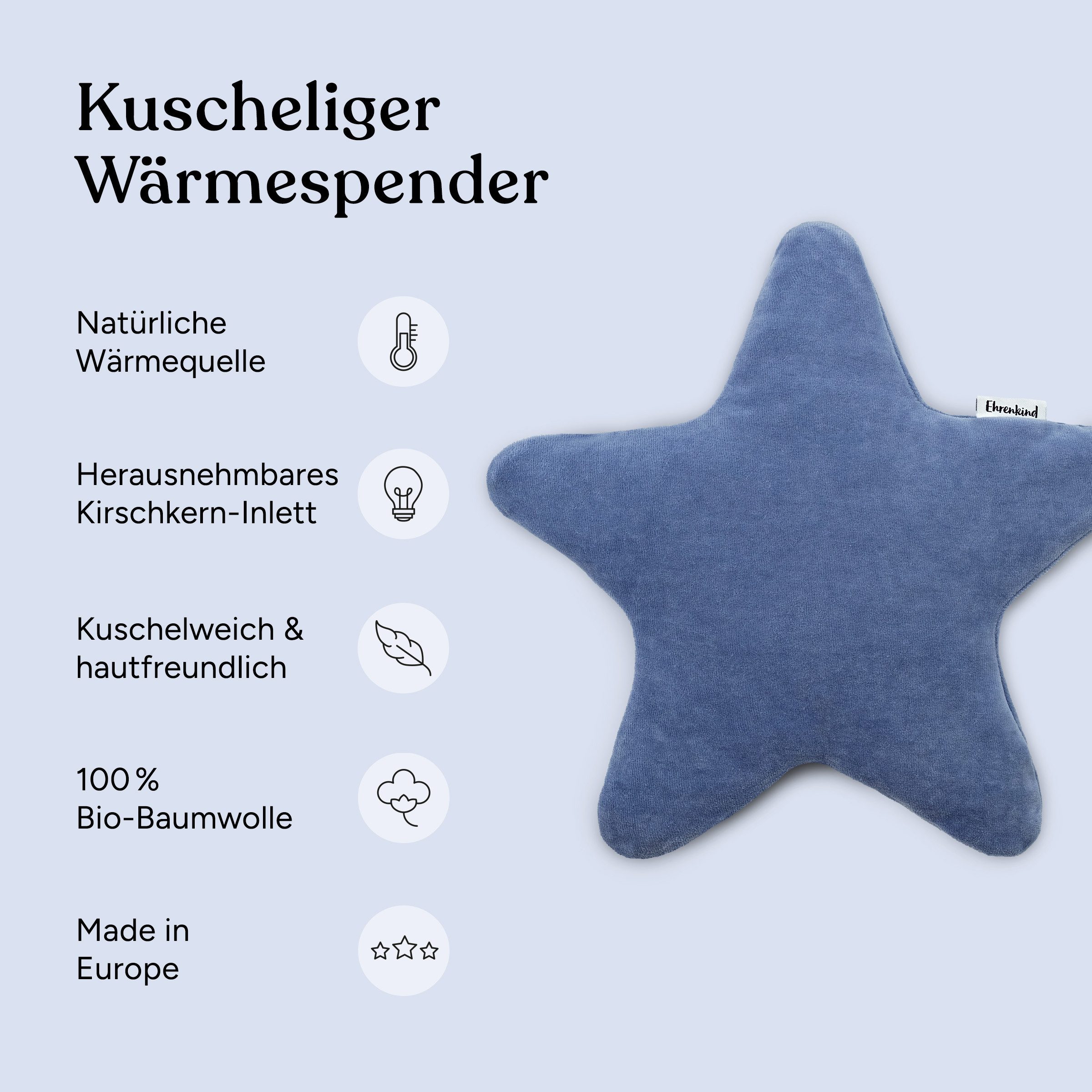 Ehrenkind Wärmekissen Kirschkern aus 100 % Bio-Baumwolle, (Stern), Nickistoff, natürlich & kuschelig für Babys und Kinder